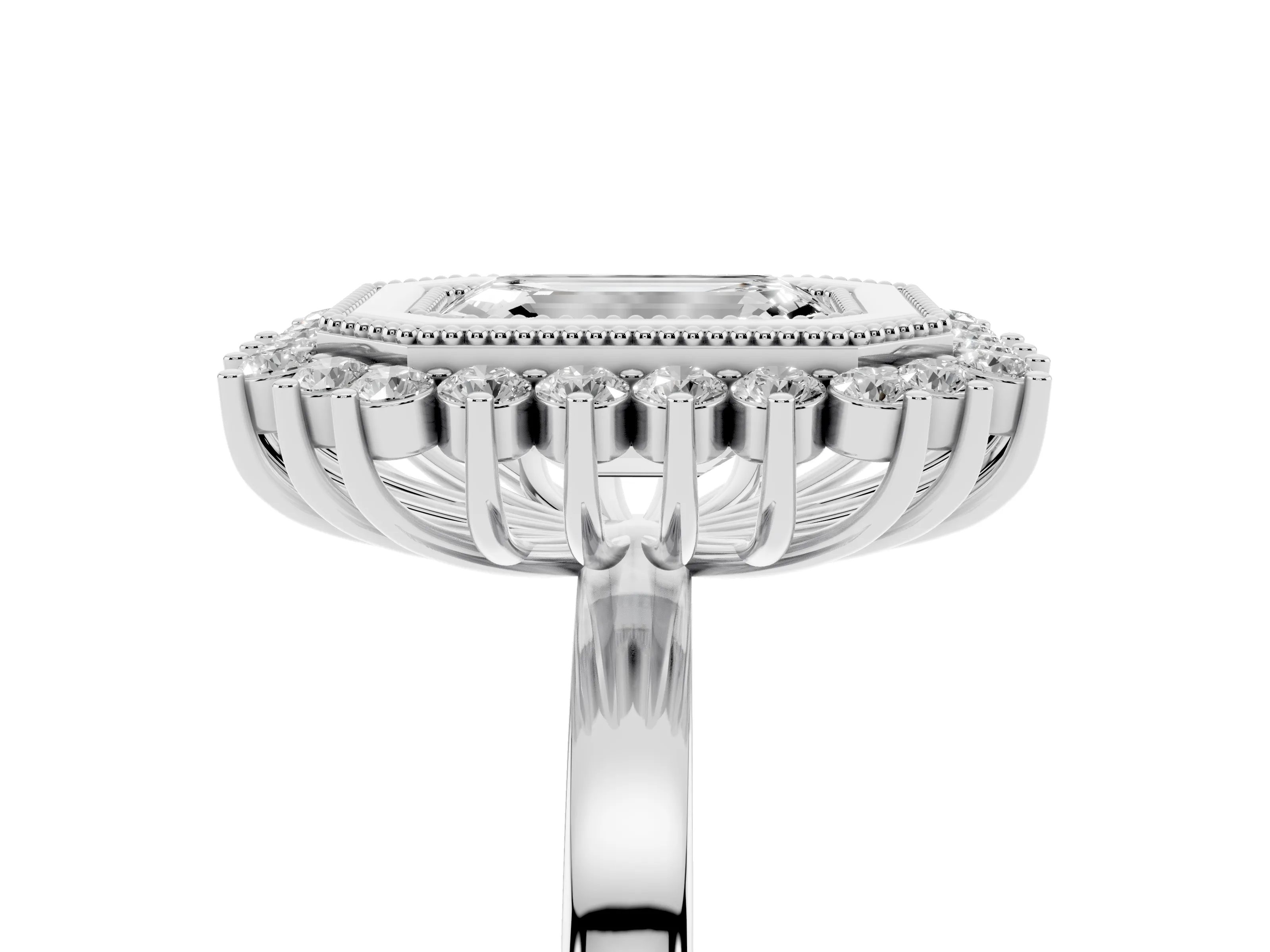 Emerald Cut Diamond Halo Ring Set in Silver with Milgrain Edge and Round Prong Setting