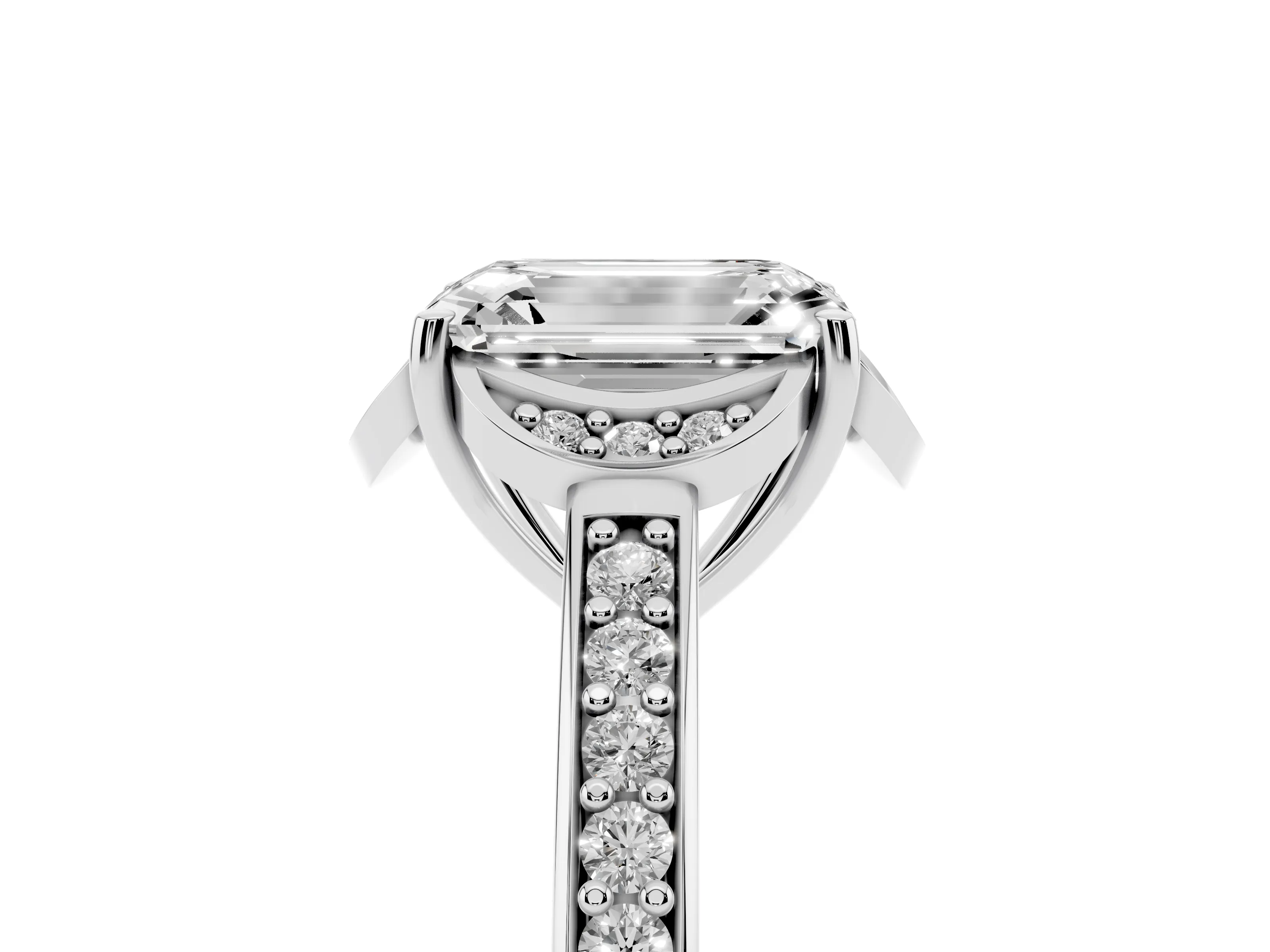Emerald Cut Diamond Halo Ring Set in Silver with Channel Set Band and Prong Setting