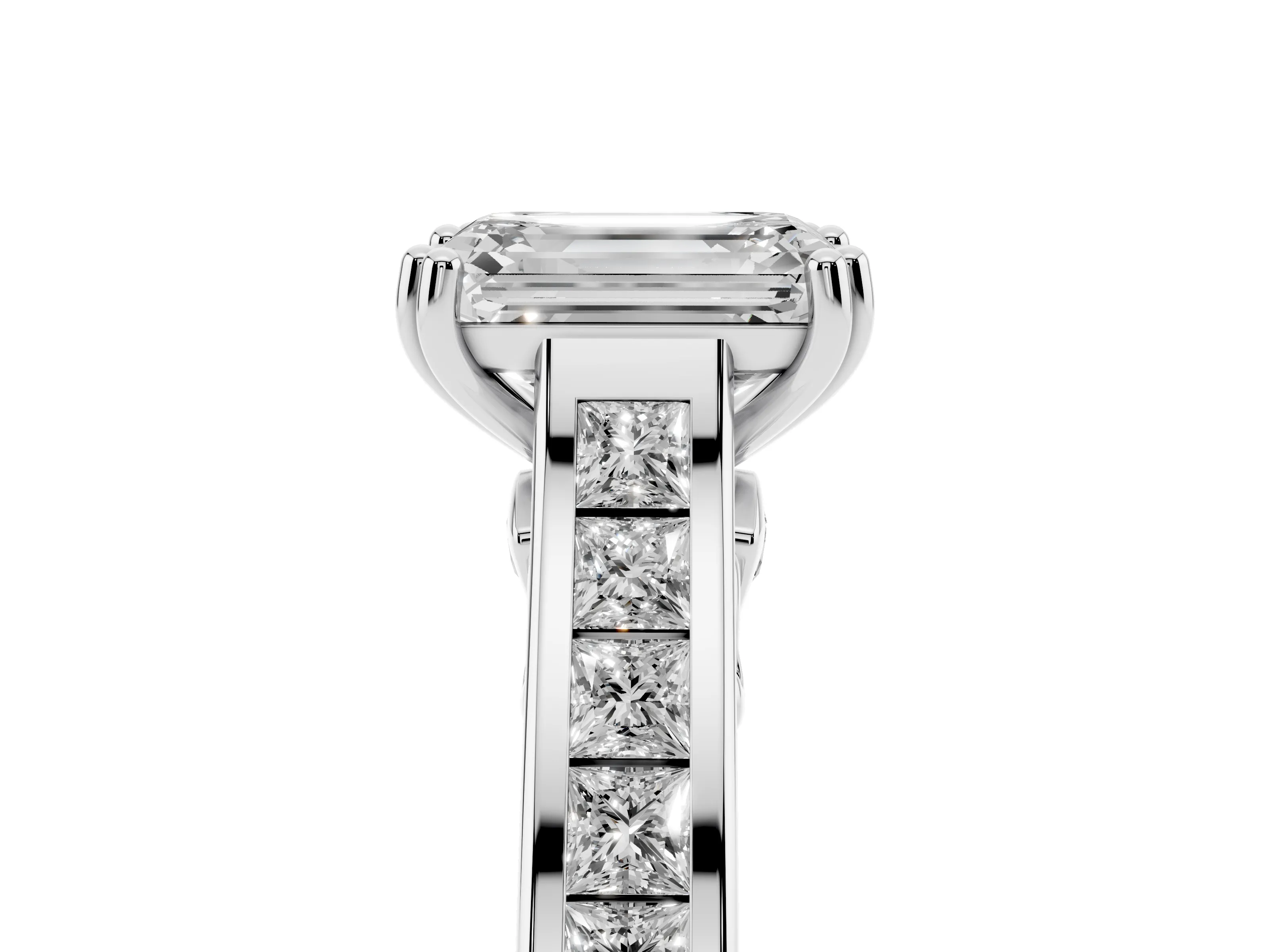 Emerald Cut Diamond Channel Set Solitaire Engagement Ring Set in Silver with Prong Setting