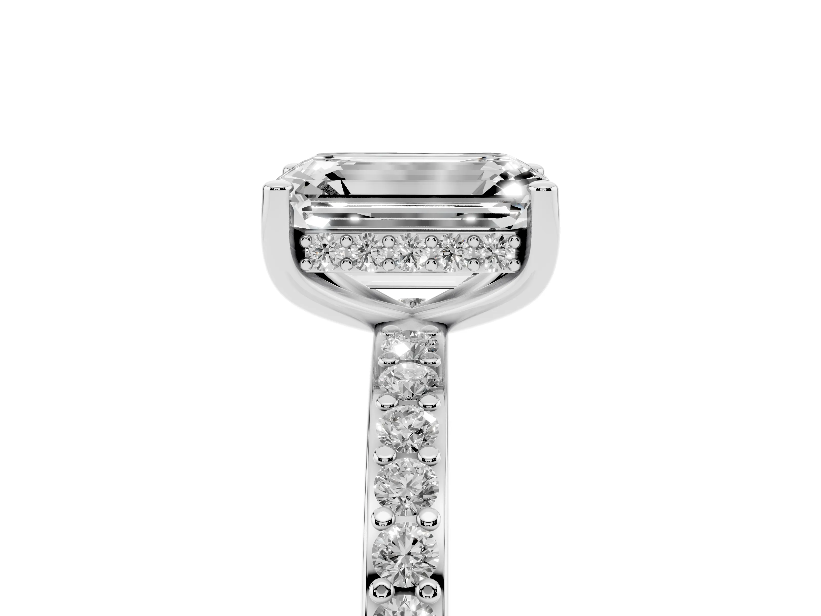Emerald Cut Diamond Pavé Band Ring Set in White gold with Prong-Set Center Stone