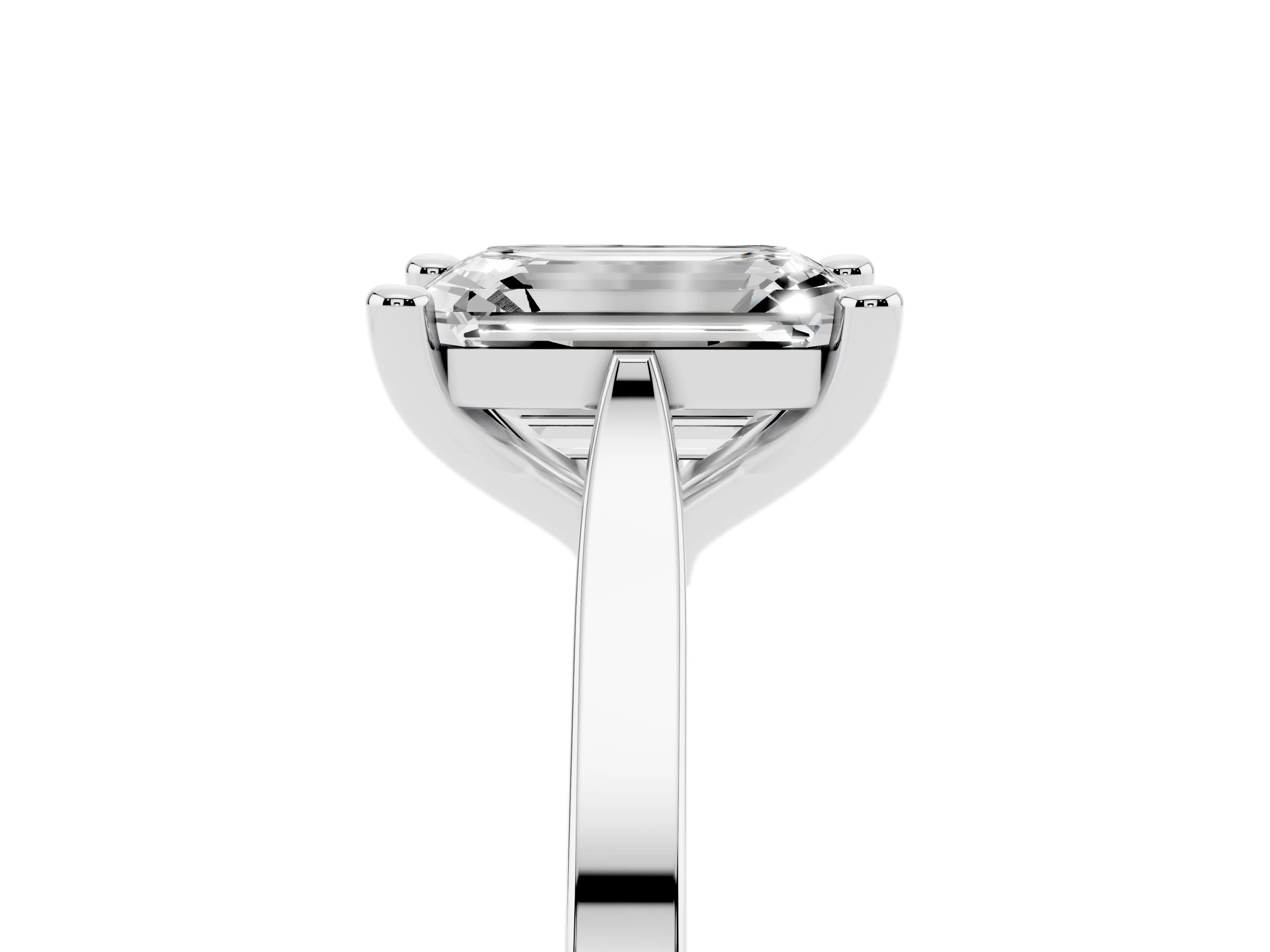 Emerald Cut Diamond Solitaire Ring Set in Platinum with Prong Setting and Tapered Band