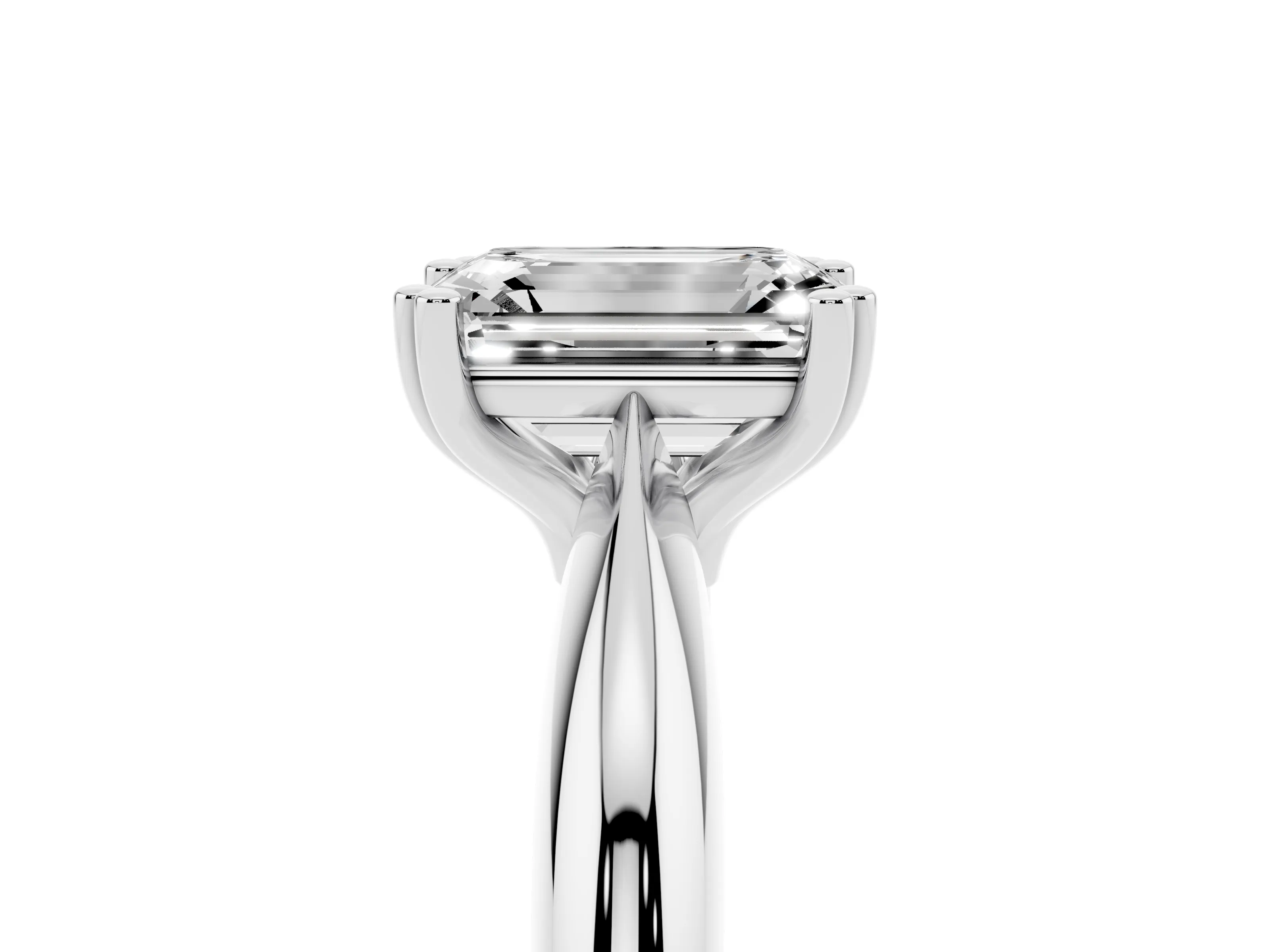 Emerald Cut Diamond Solitaire Engagement Ring Set in Silver with Tapered Band and Prong Setting