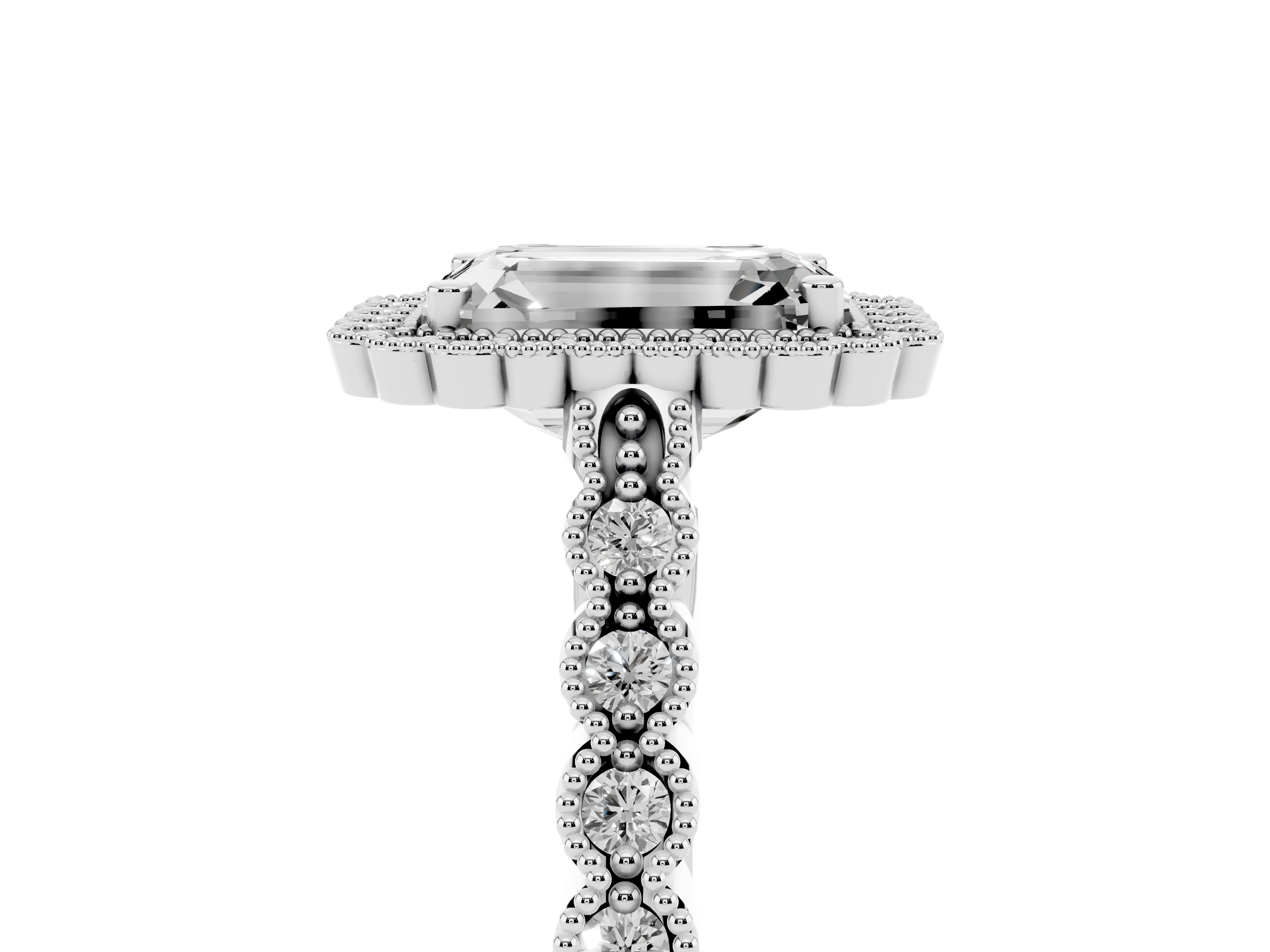 Emerald Cut Diamond Halo Ring Set in White gold with Pavé Milgrain Band