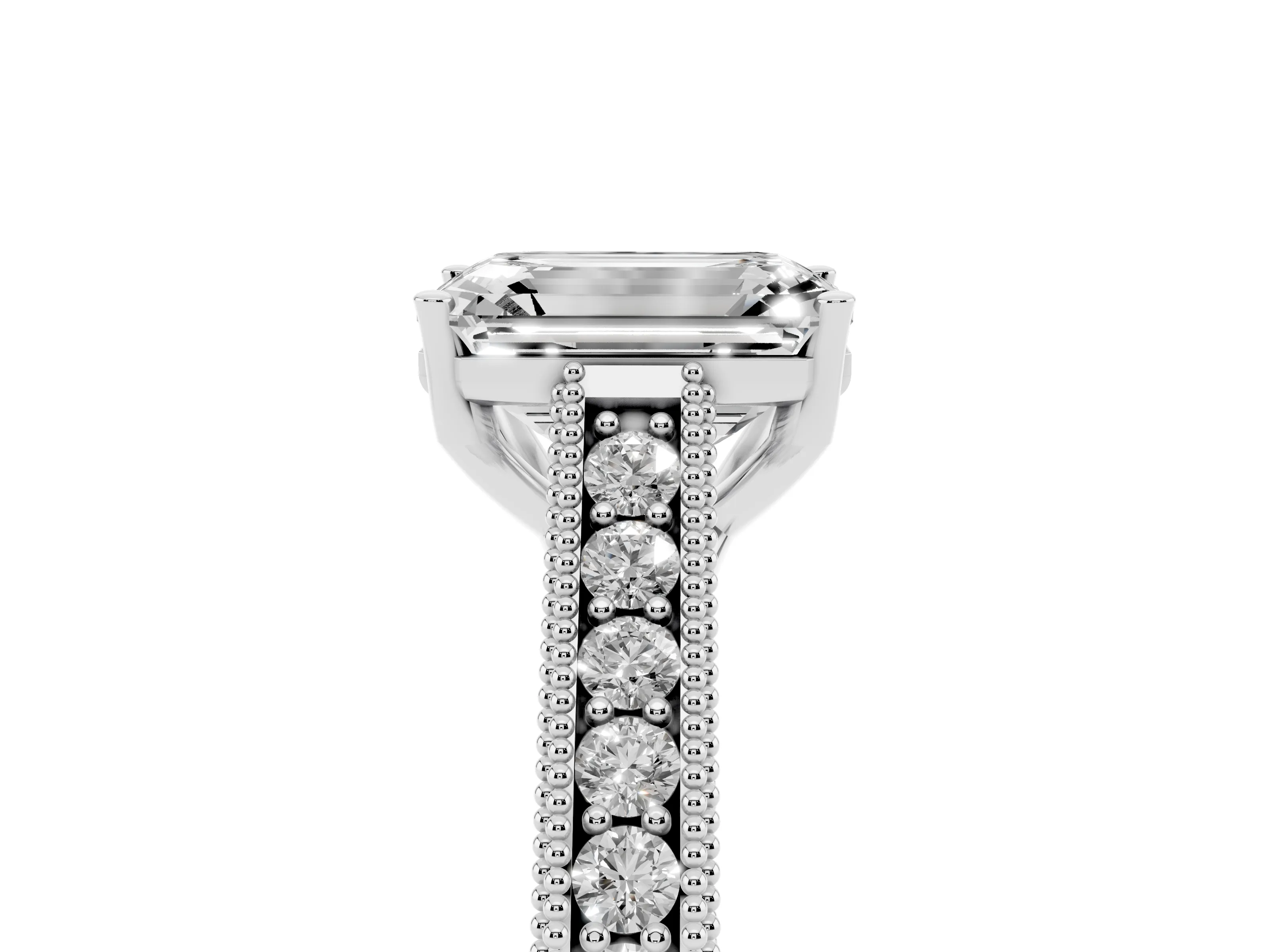 Emerald Cut Diamond Milgrain Pavé Band Solitaire Ring Set in White gold with Prong Setting