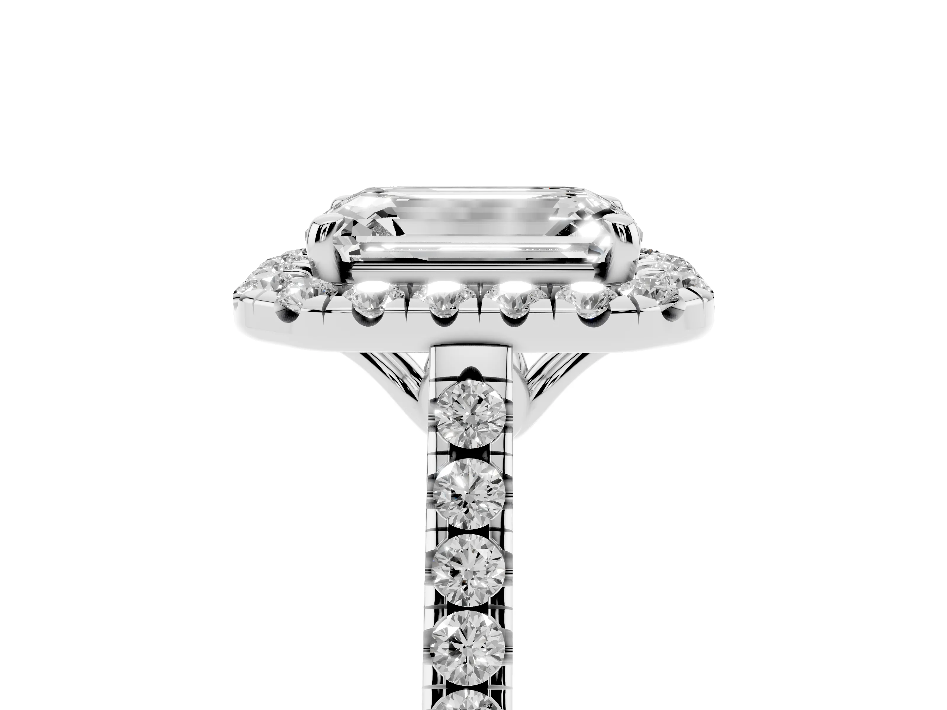 Emerald Cut Diamond Pavé Halo Engagement Ring Set in Silver with Pavé Band and Prong Setting
