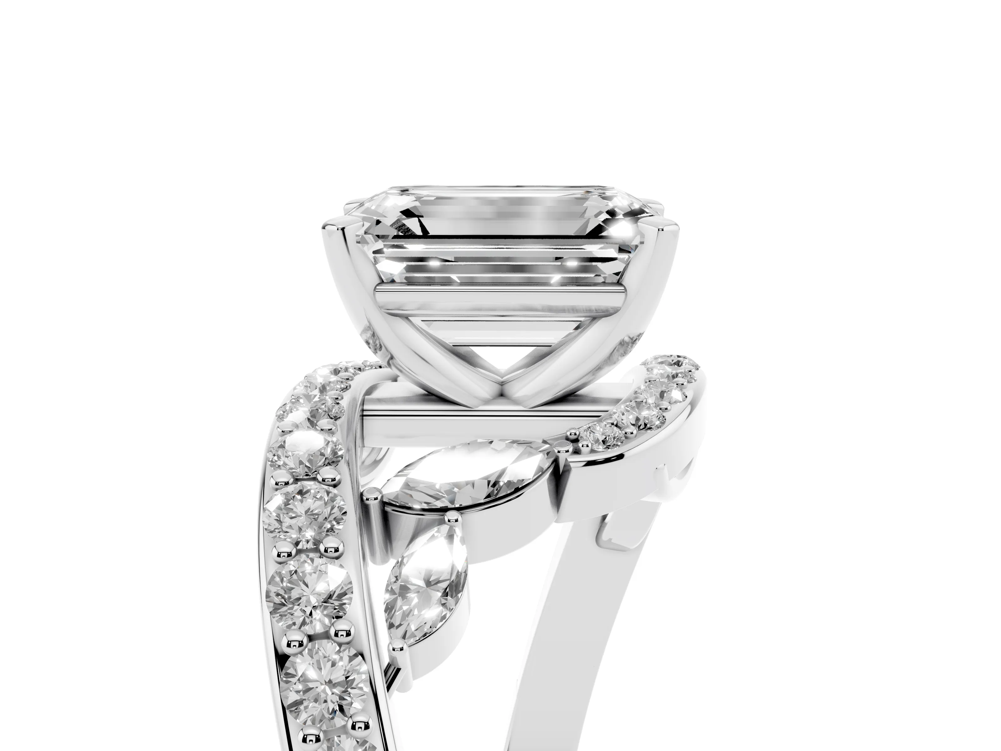 Emerald Cut Diamond Solitaire Ring Set in Platinum with Pavé Twist Band and Secure Prong Setting