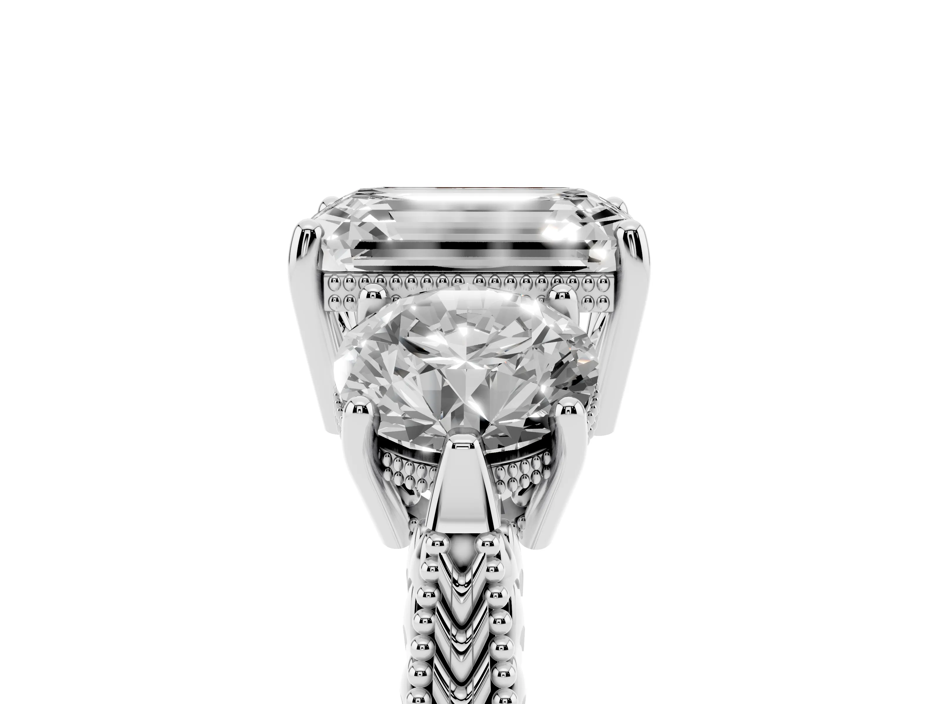 Emerald Cut Diamond Three-Stone Ring Set in Platinum with Milgrain Band