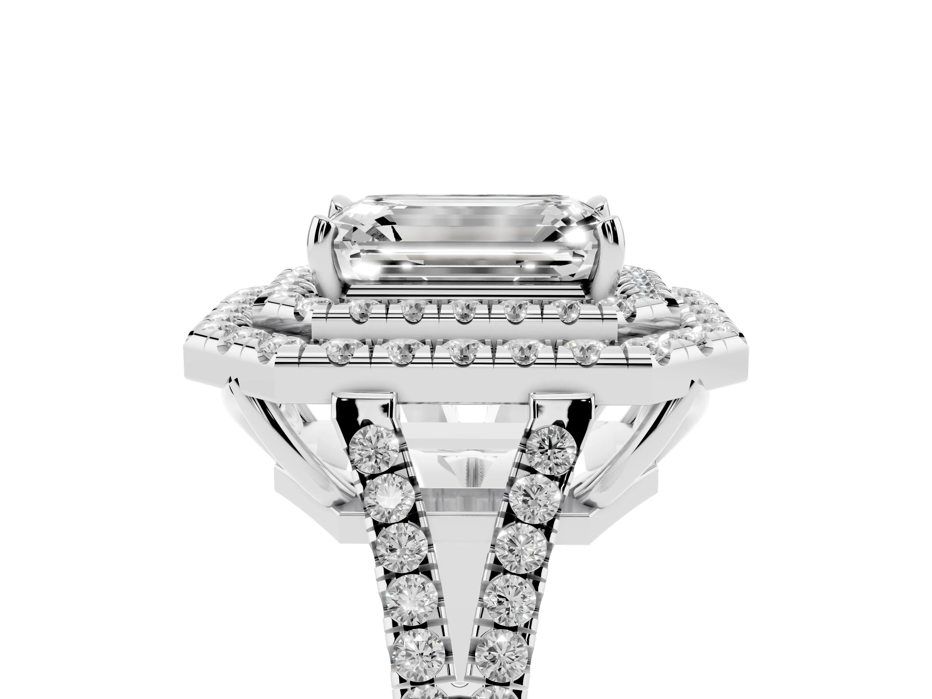 Emerald Cut Diamond Double Halo Ring Set in Silver with Pavé Band