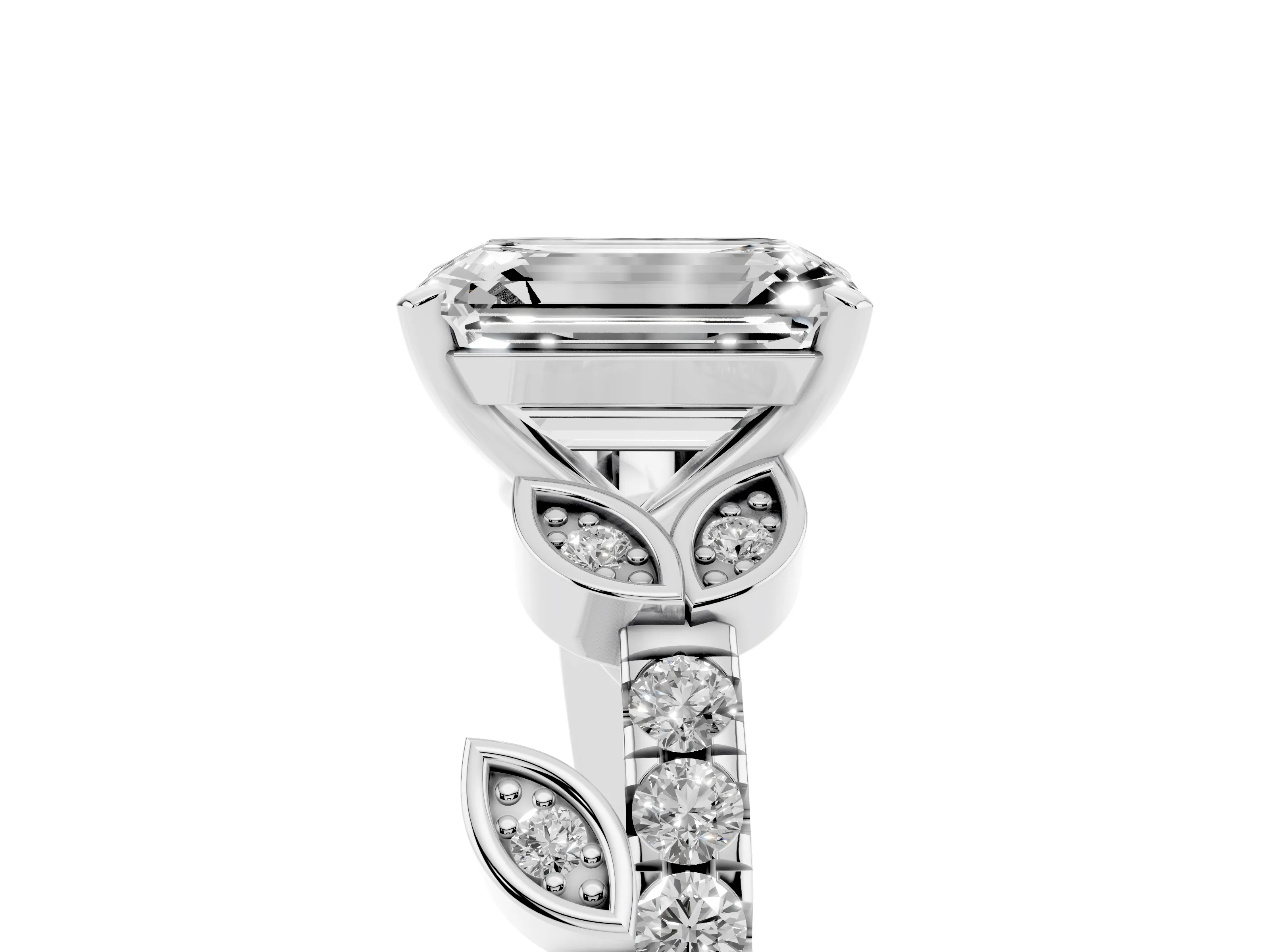 Emerald Cut Diamond Solitaire Leaf-Inspired Ring Set in Platinum with Pavé Band and Prong Setting