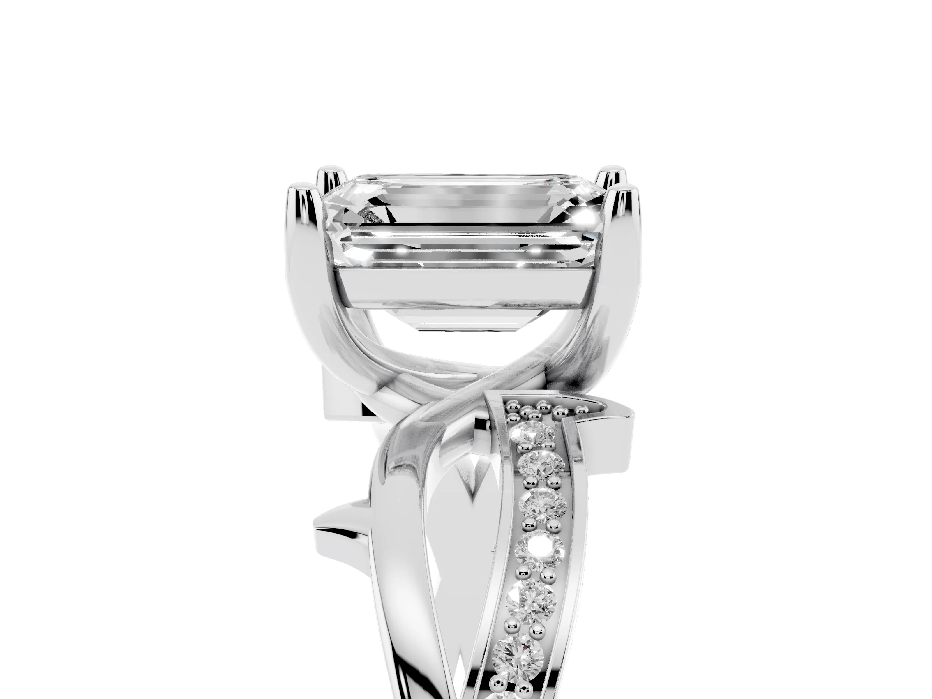 Emerald Cut Diamond Pavé Twist Band Solitaire Ring Set in Silver with Prong Setting