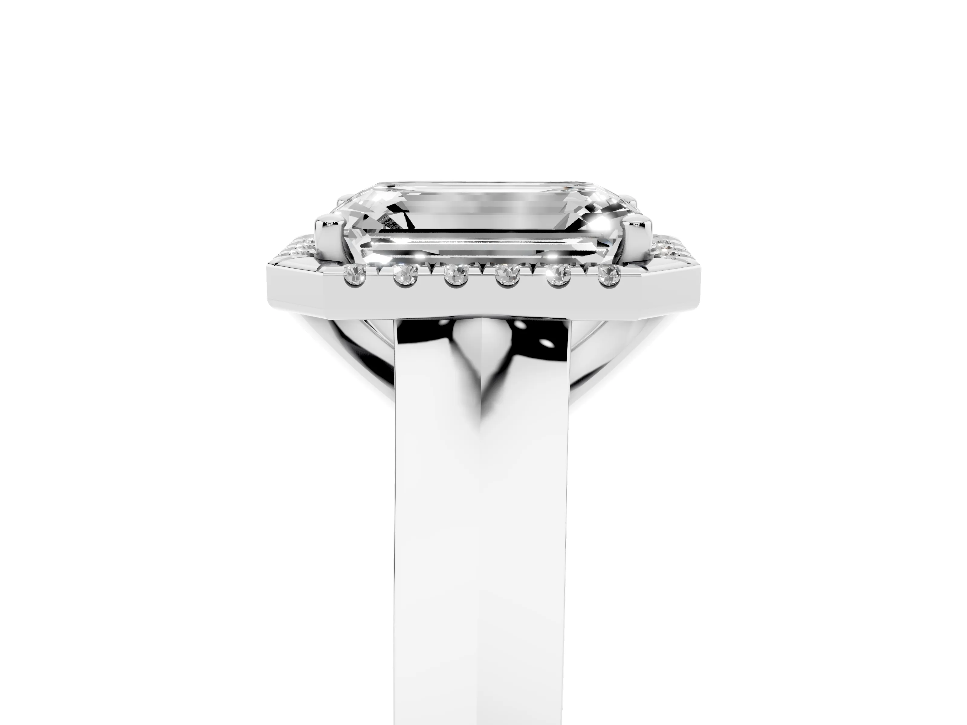 Emerald Cut Diamond Halo Ring Set in Platinum with Cathedral Band and Prong Setting