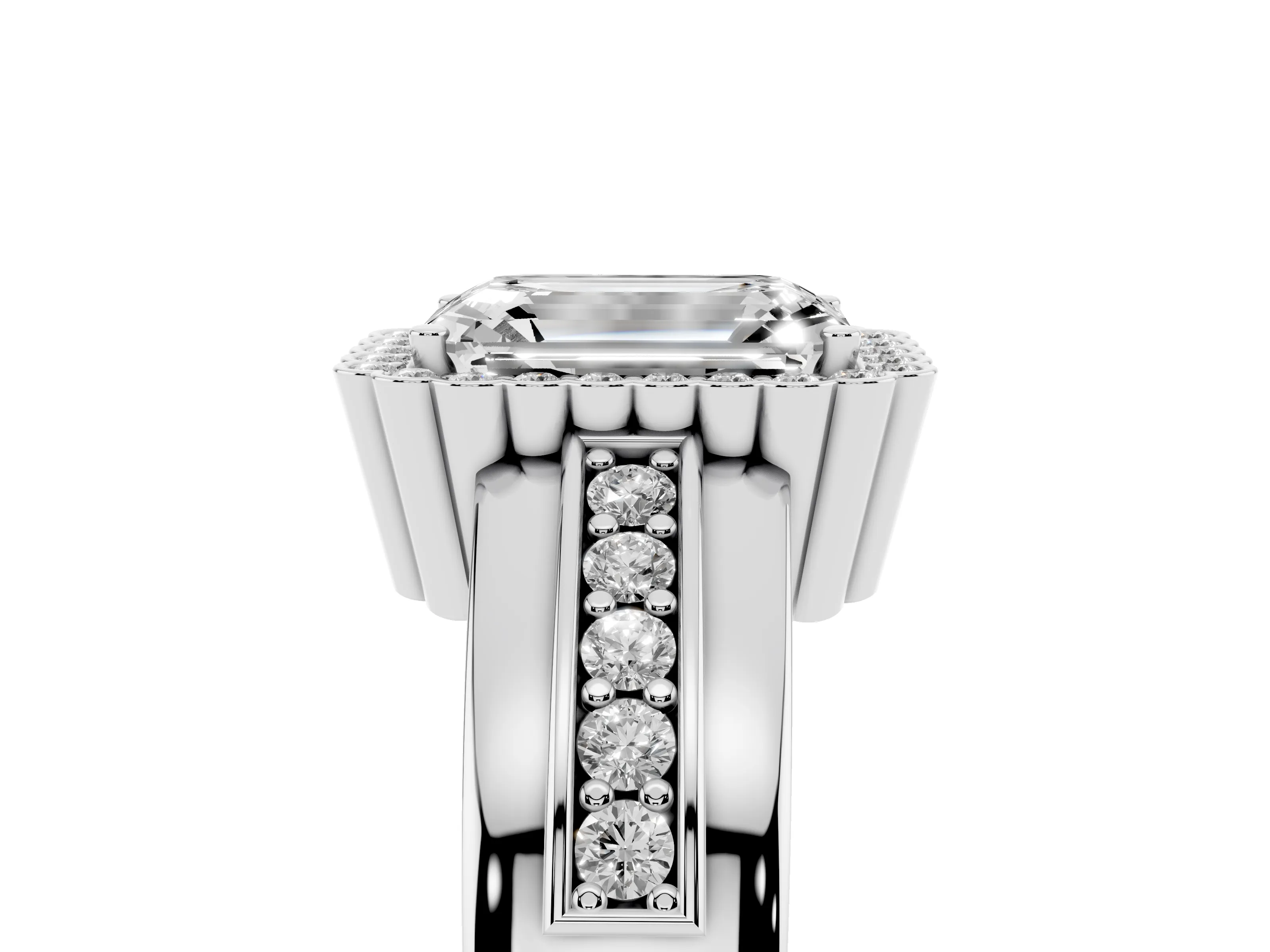 Emerald Cut Diamond Halo Prong Ring Set in White gold with Pavé Band