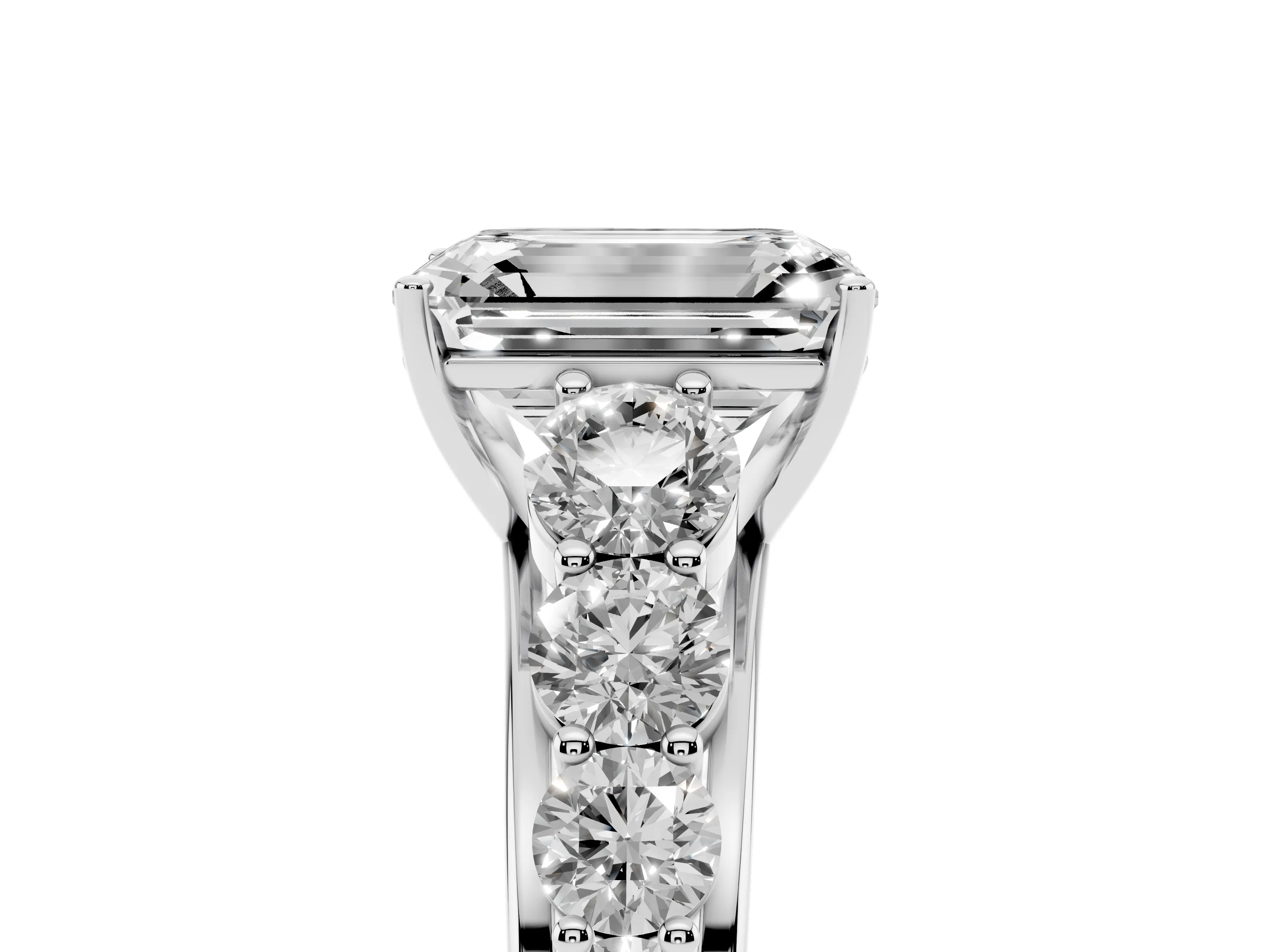 Emerald Cut Diamond Solitaire Ring Set in Platinum with Pavé-Set Band and Prong Setting