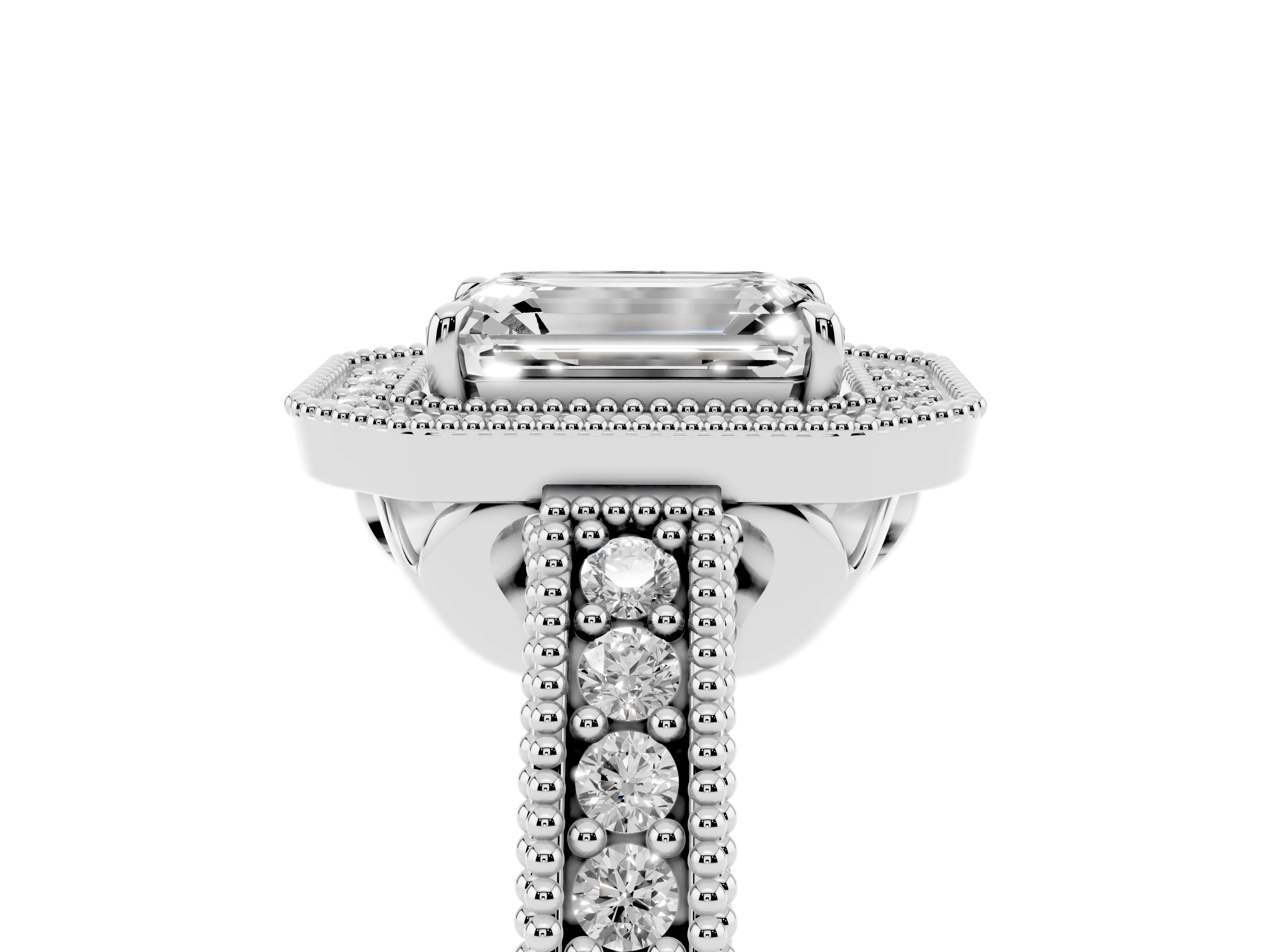 Emerald Cut Diamond Halo Ring Set in Silver with Round Accent Halo, Pavé Band and Prong Setting