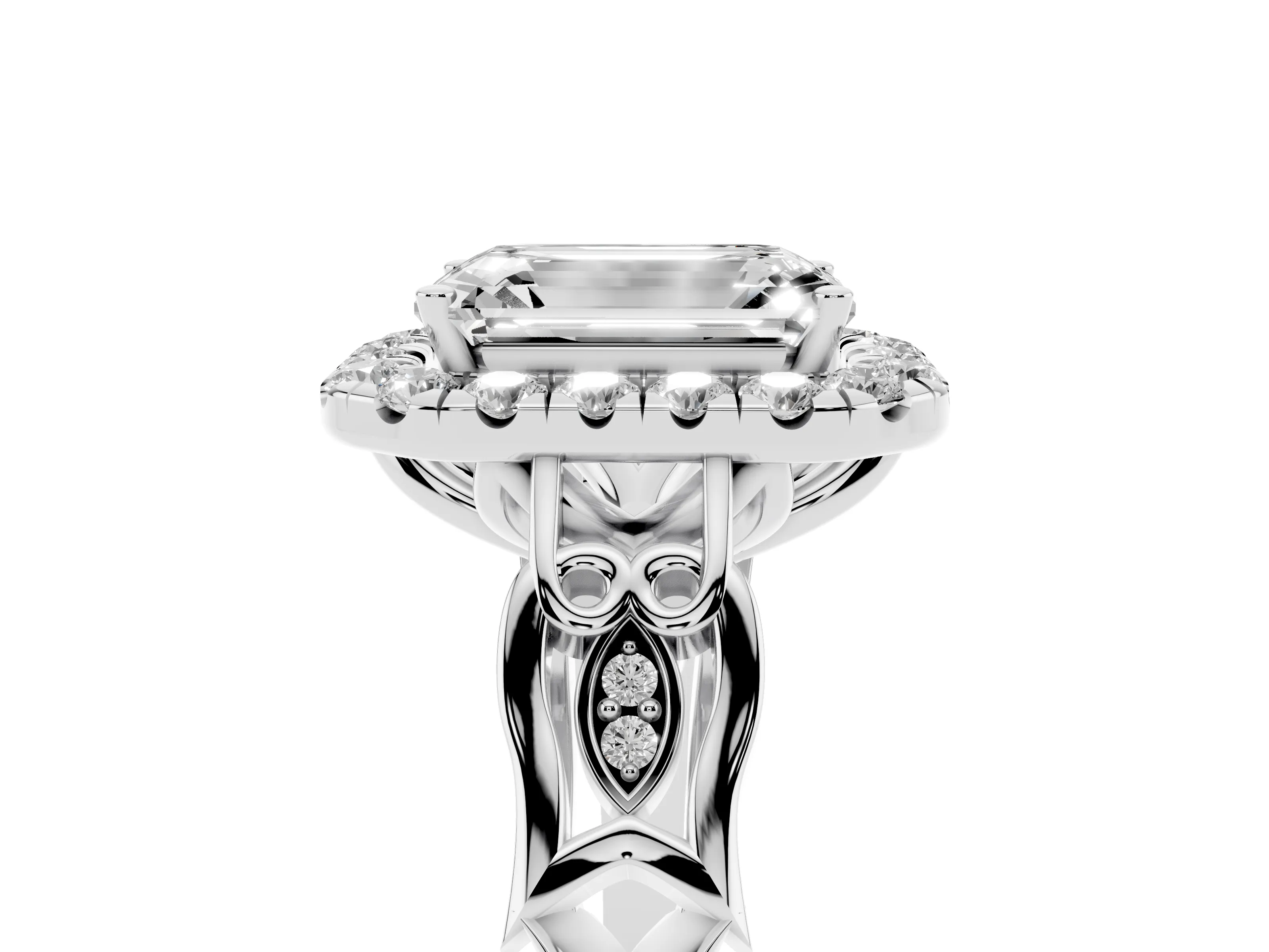 Emerald Cut Diamond Halo Engagement Ring Set in White gold with Filigree Band and Prong-Set Center