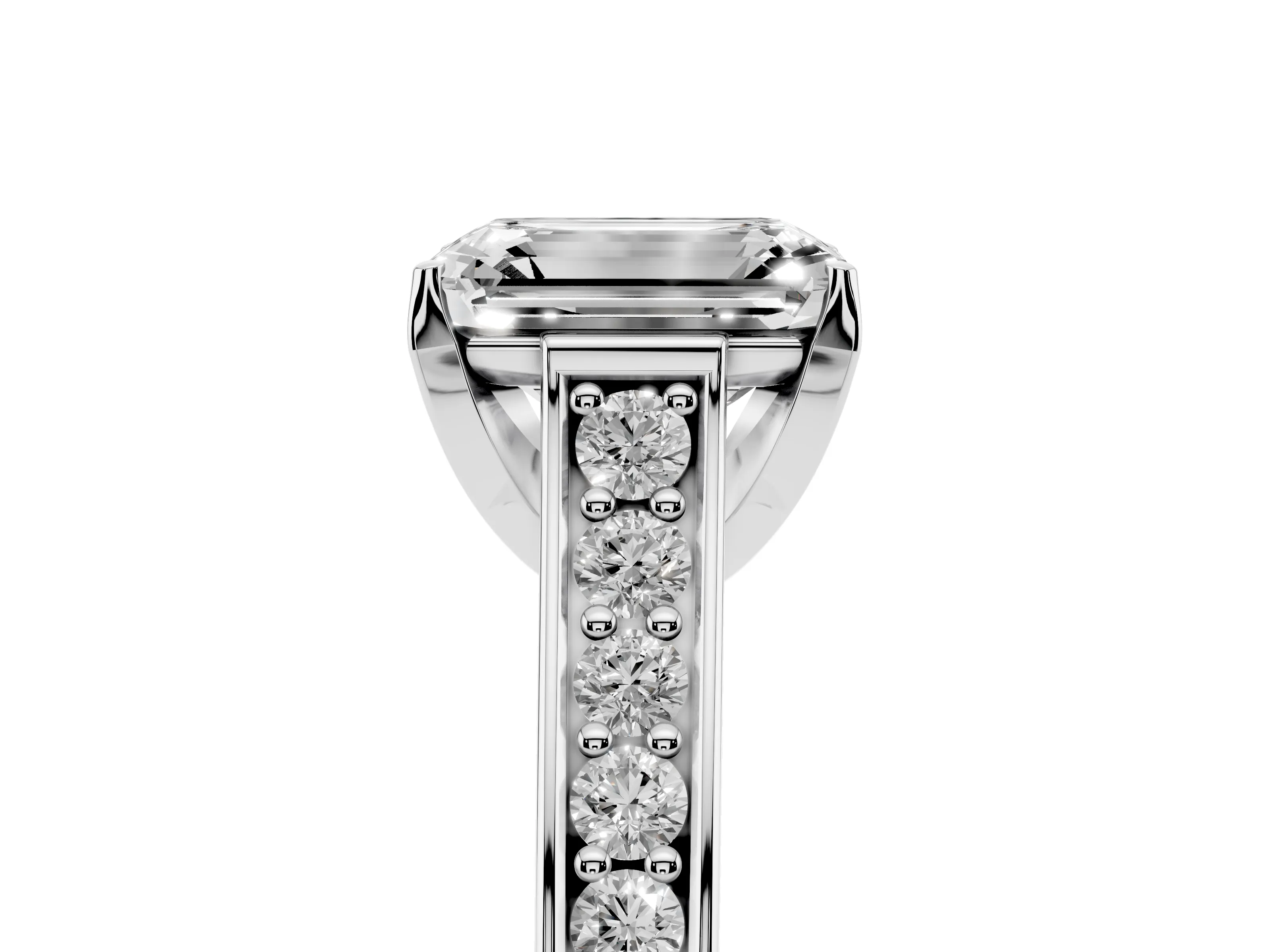 Emerald Cut Diamond Solitaire Pavé Engagement Ring Set in White gold with Prong Setting