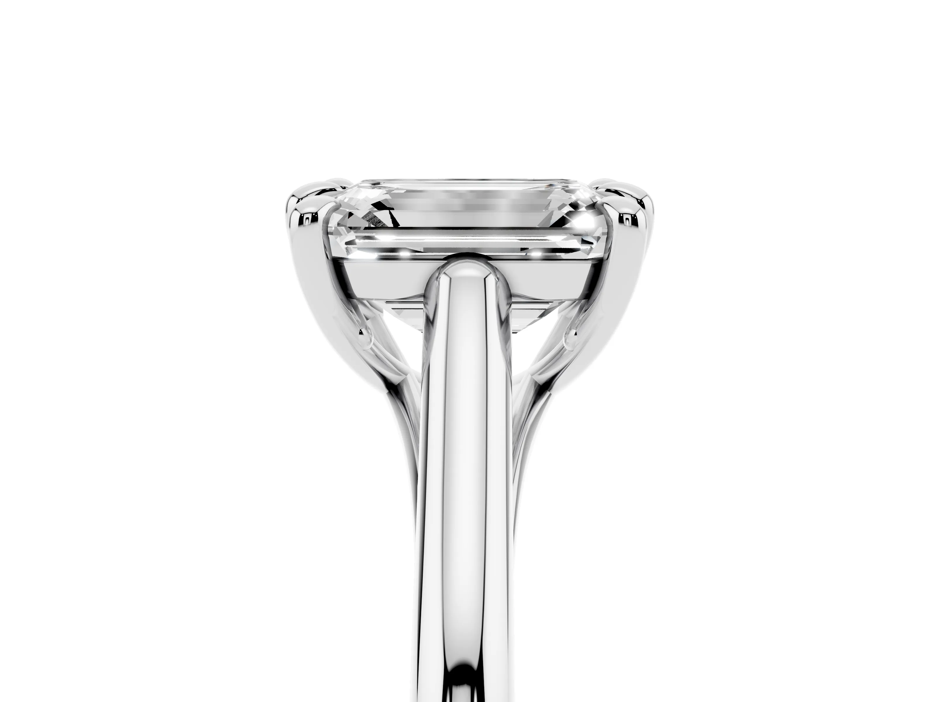 Emerald Cut Diamond Solitaire Engagement Ring Set in Silver with Prong Setting and Plain Classic Band