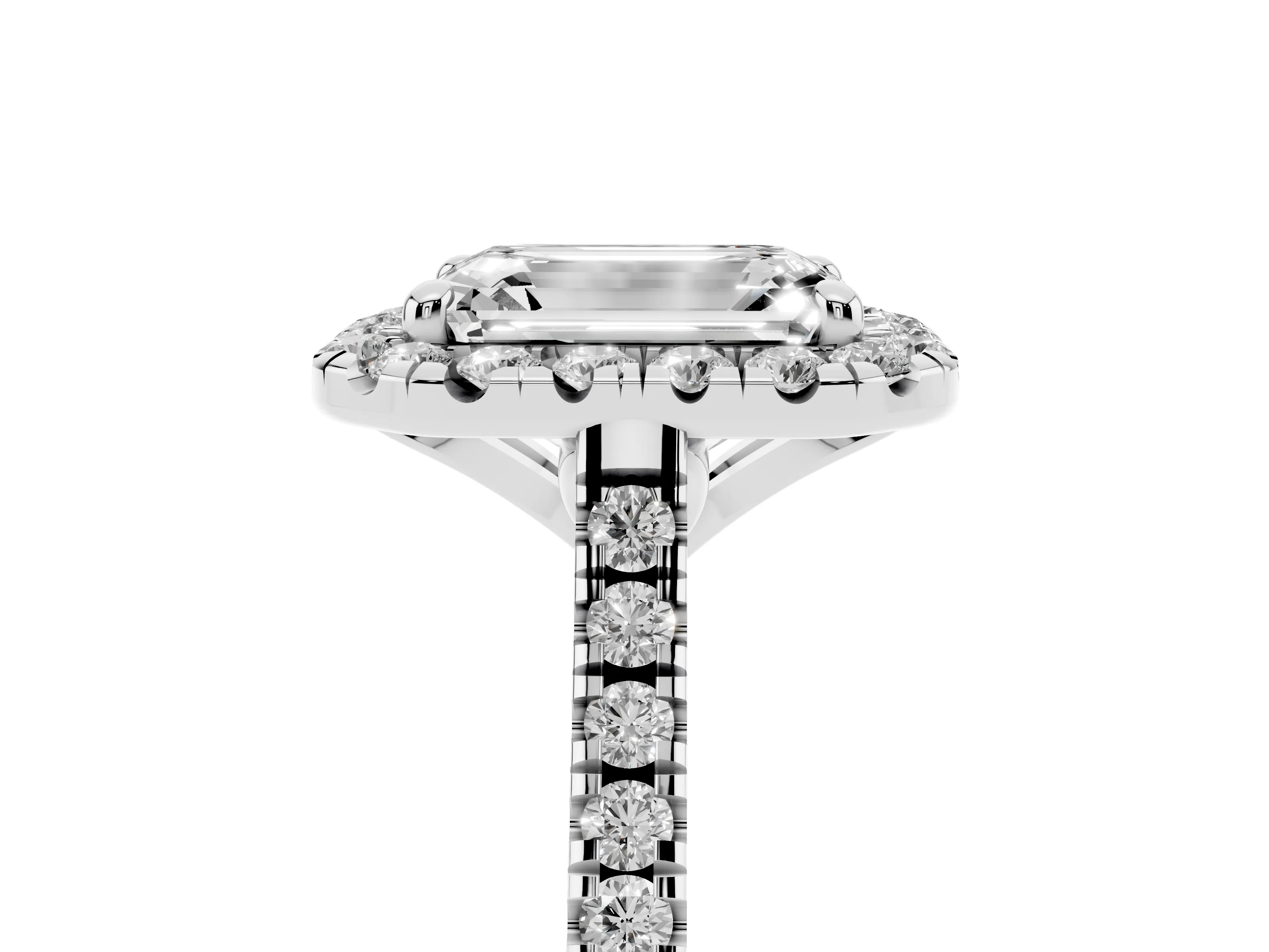 Emerald Cut Diamond Cushion Halo Ring Set in White gold with Pavé Band