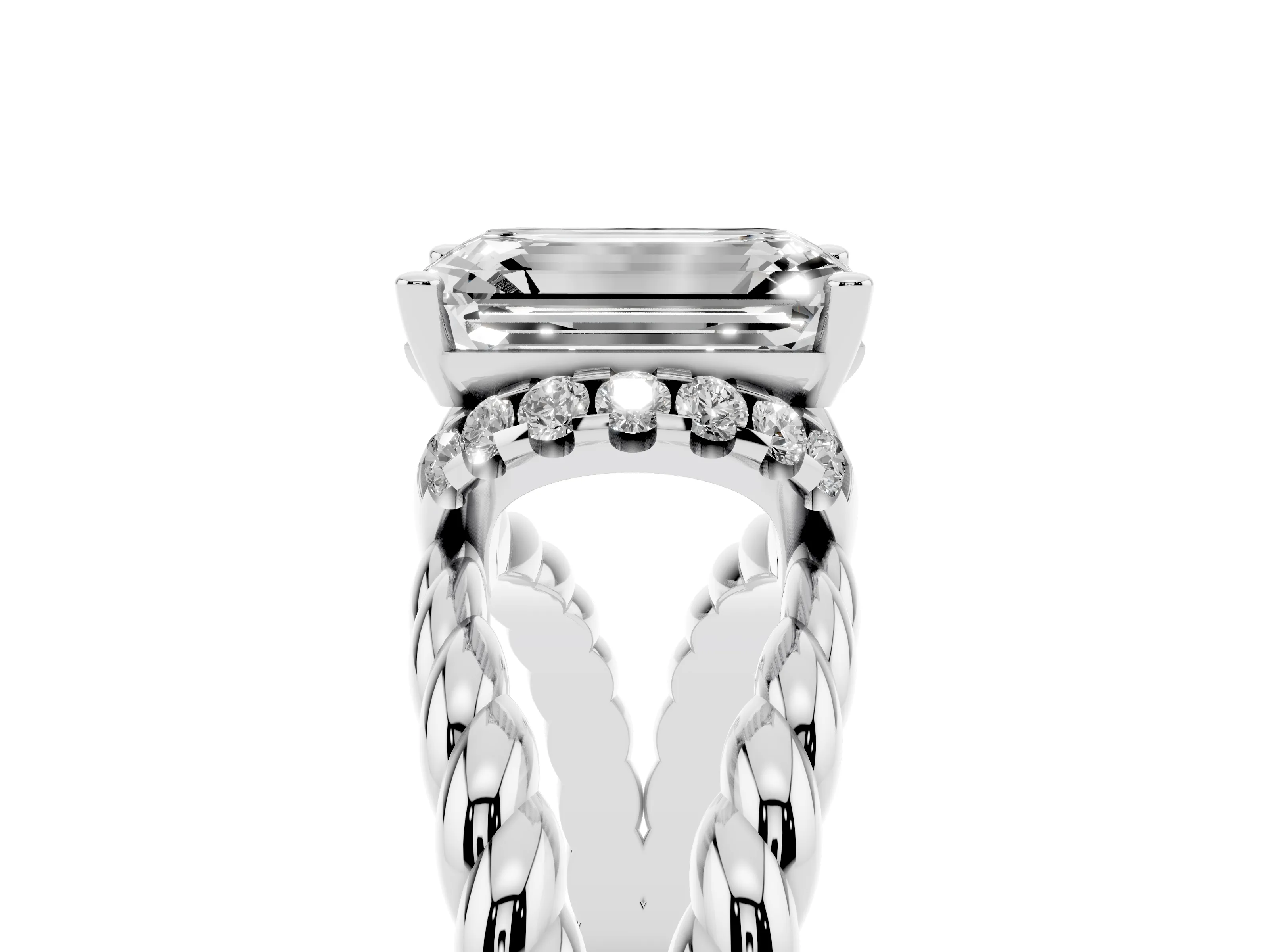 Emerald Cut Diamond Halo Ring Set in White gold with Twisted Band and Prong Setting
