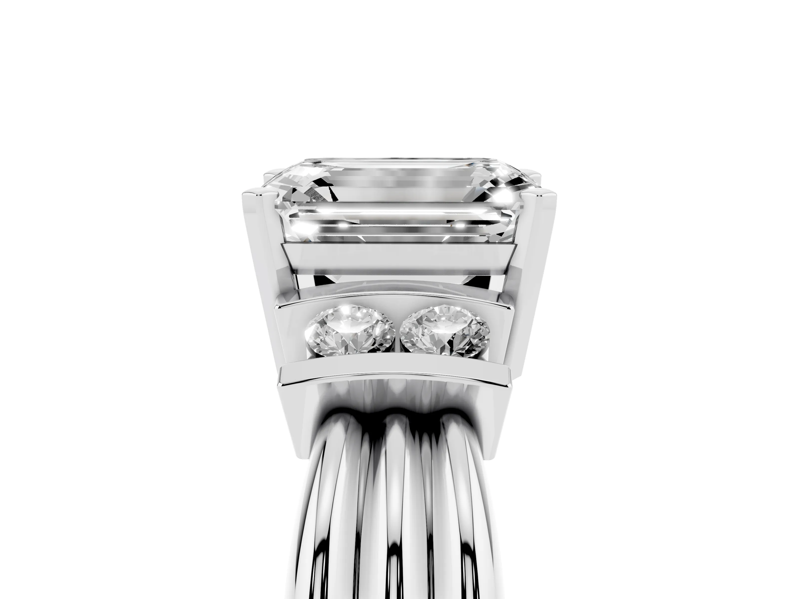 Three-Stone Emerald Cut Diamond Channel Set Ring Set in Silver with Bar Prongs