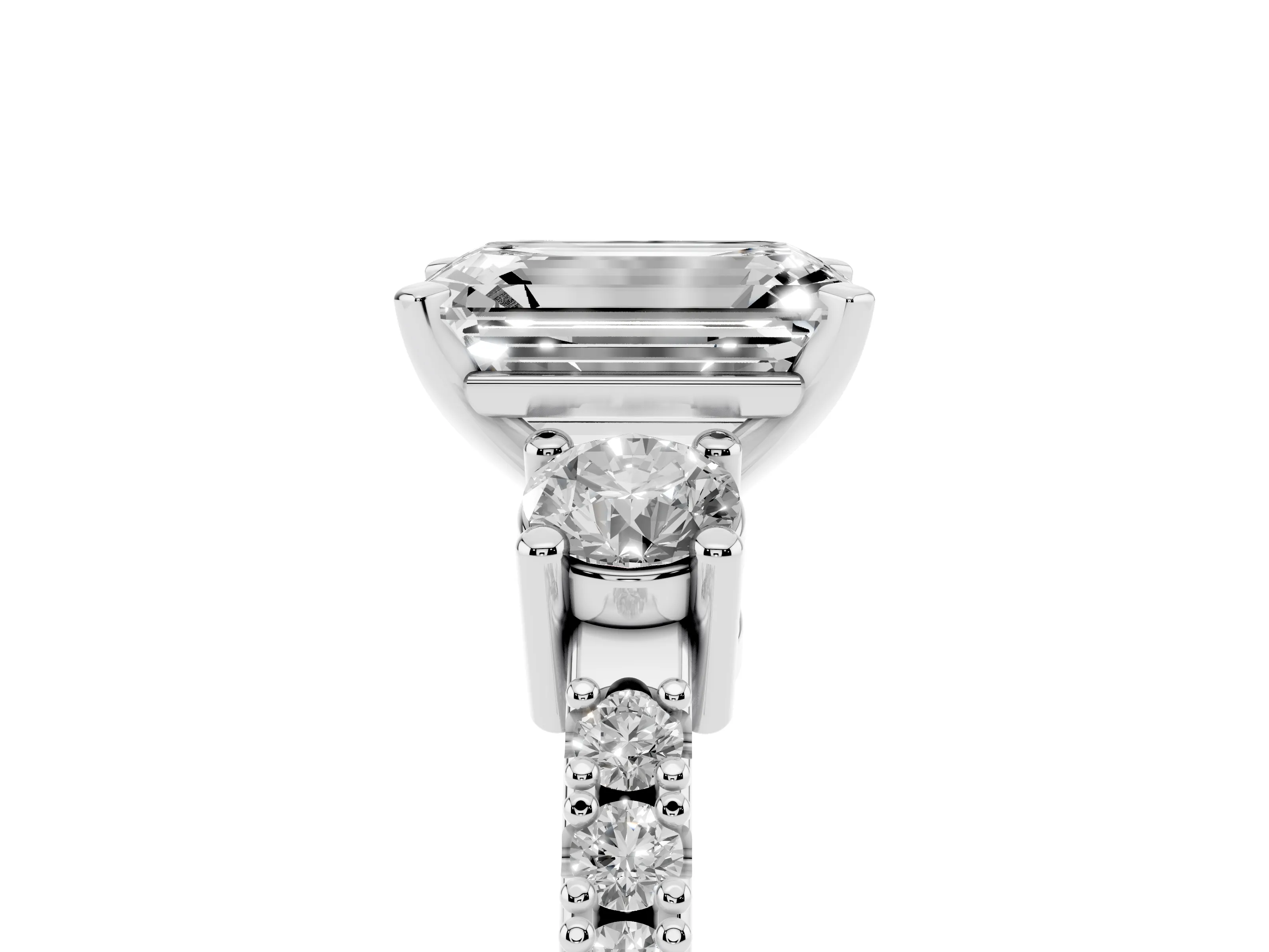 Three-Stone Emerald Cut Diamond Pavé Band Ring Set in Platinum with Prong Setting