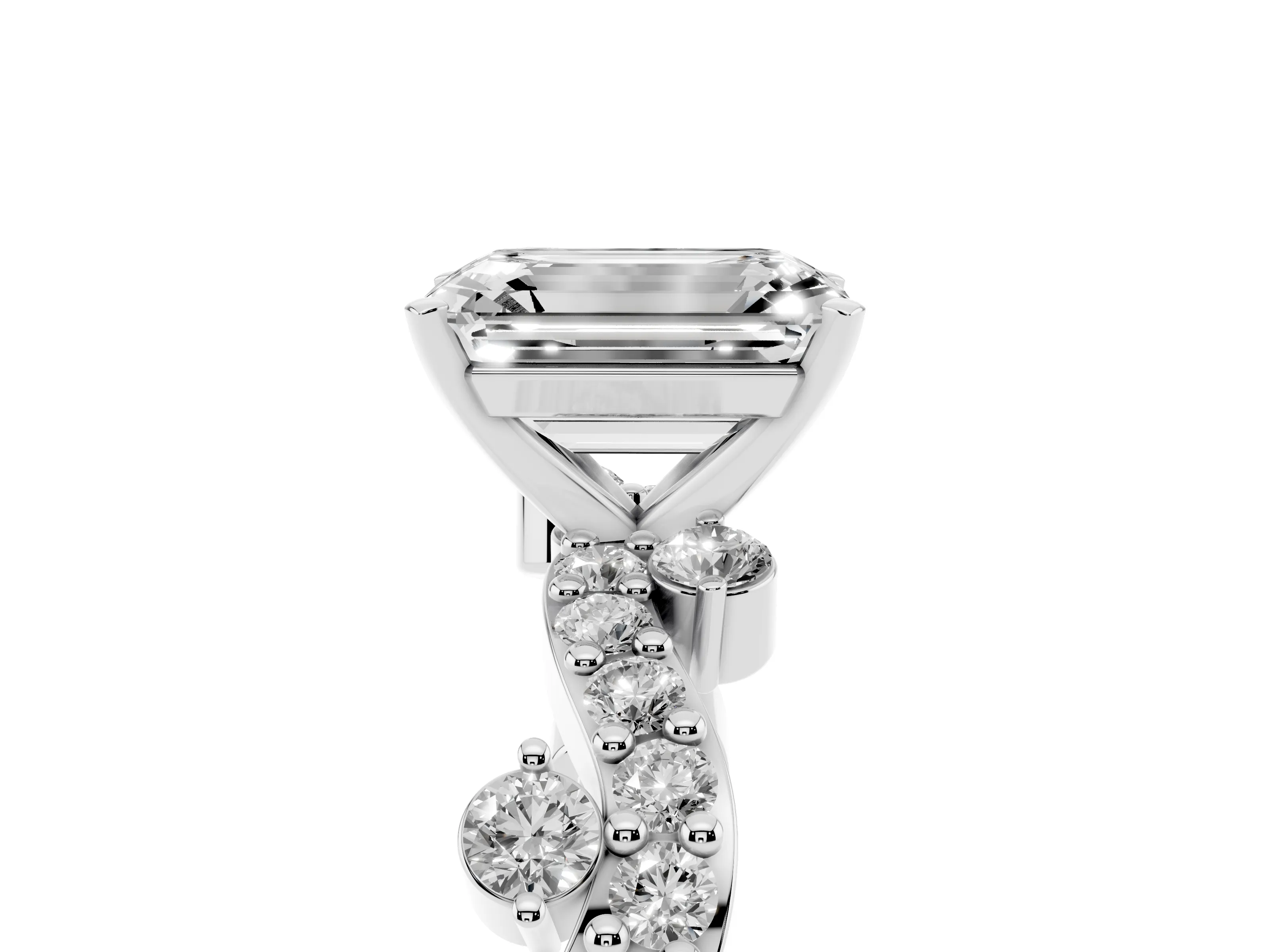 Emerald Cut Diamond Solitaire Twisted Band Set in Platinum with Pavé Setting