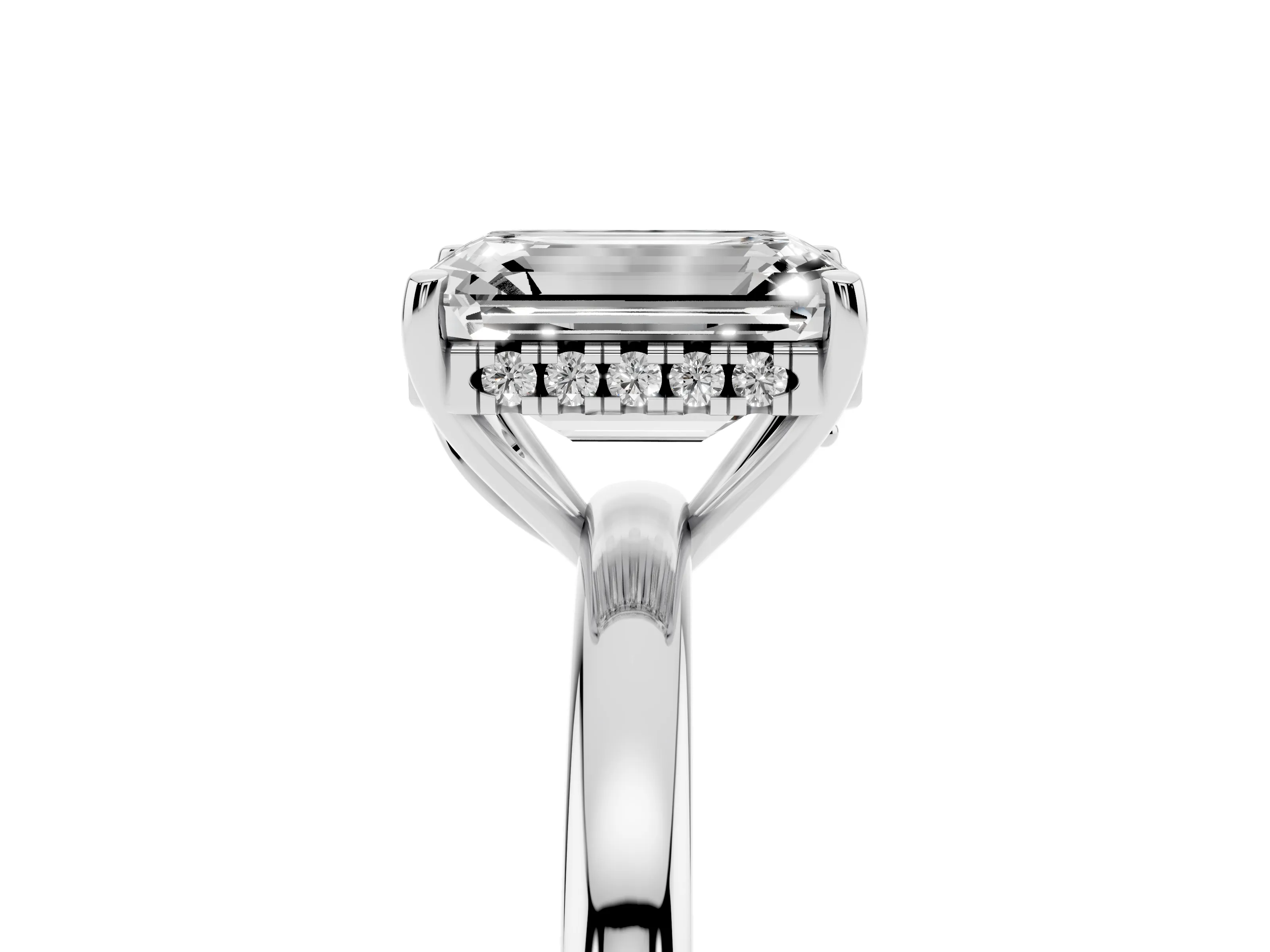 Emerald Cut Diamond Solitaire Ring Set in Platinum with Plain Band and Prong Setting