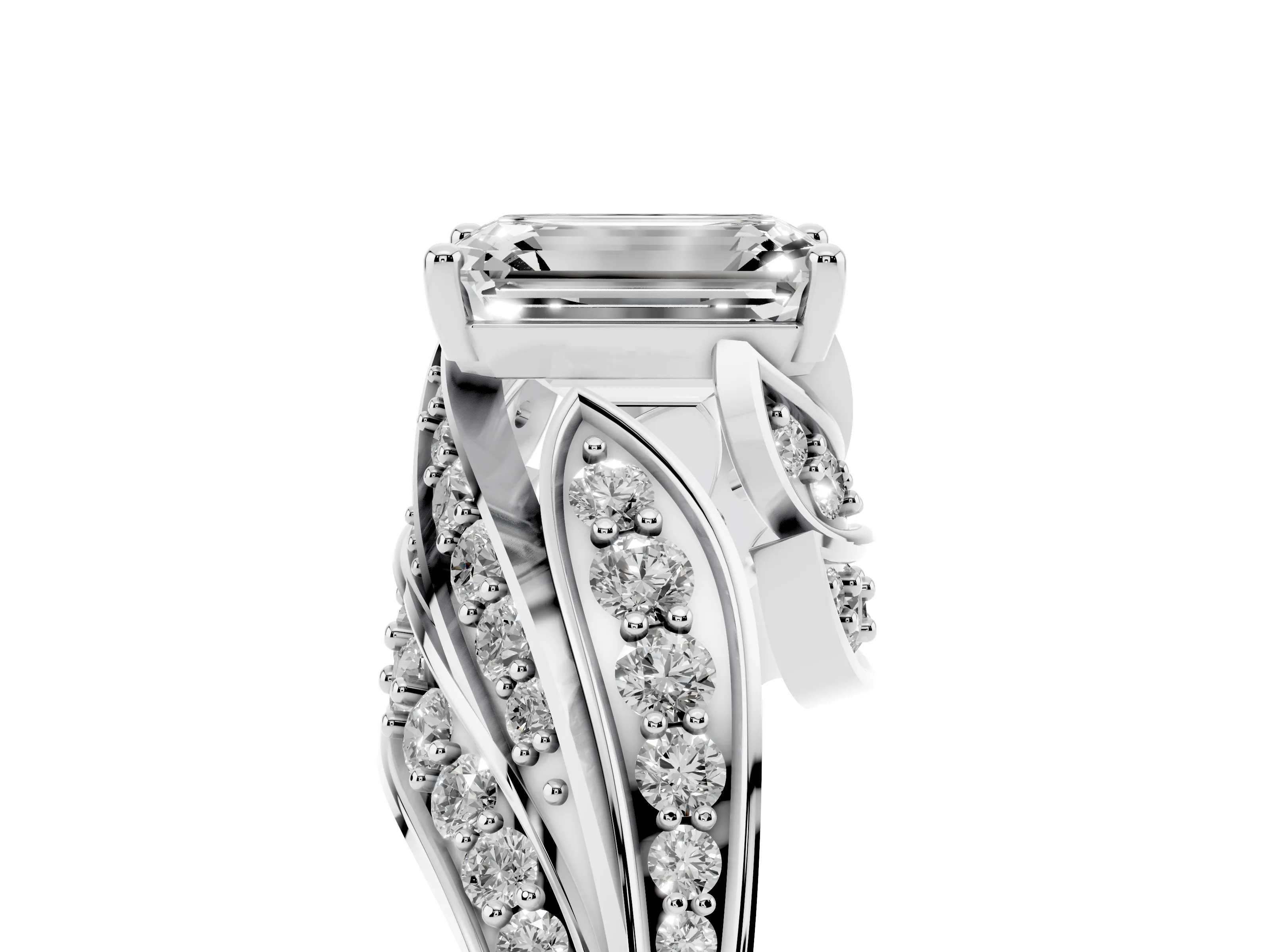 Emerald Cut Diamond Solitaire Ring Set in Silver with Layered Twist Pavé Band