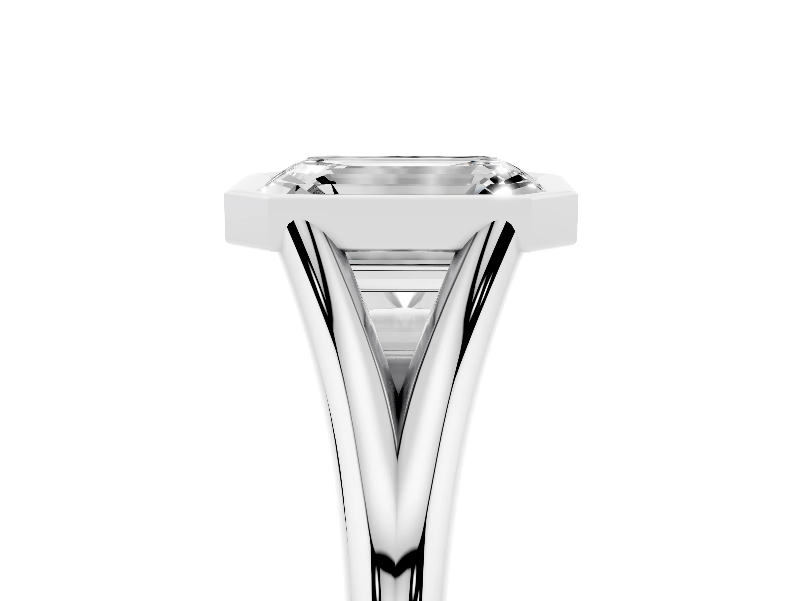 Bezel Set Emerald Cut Diamond Solitaire Ring Set in Platinum with Tapered Band