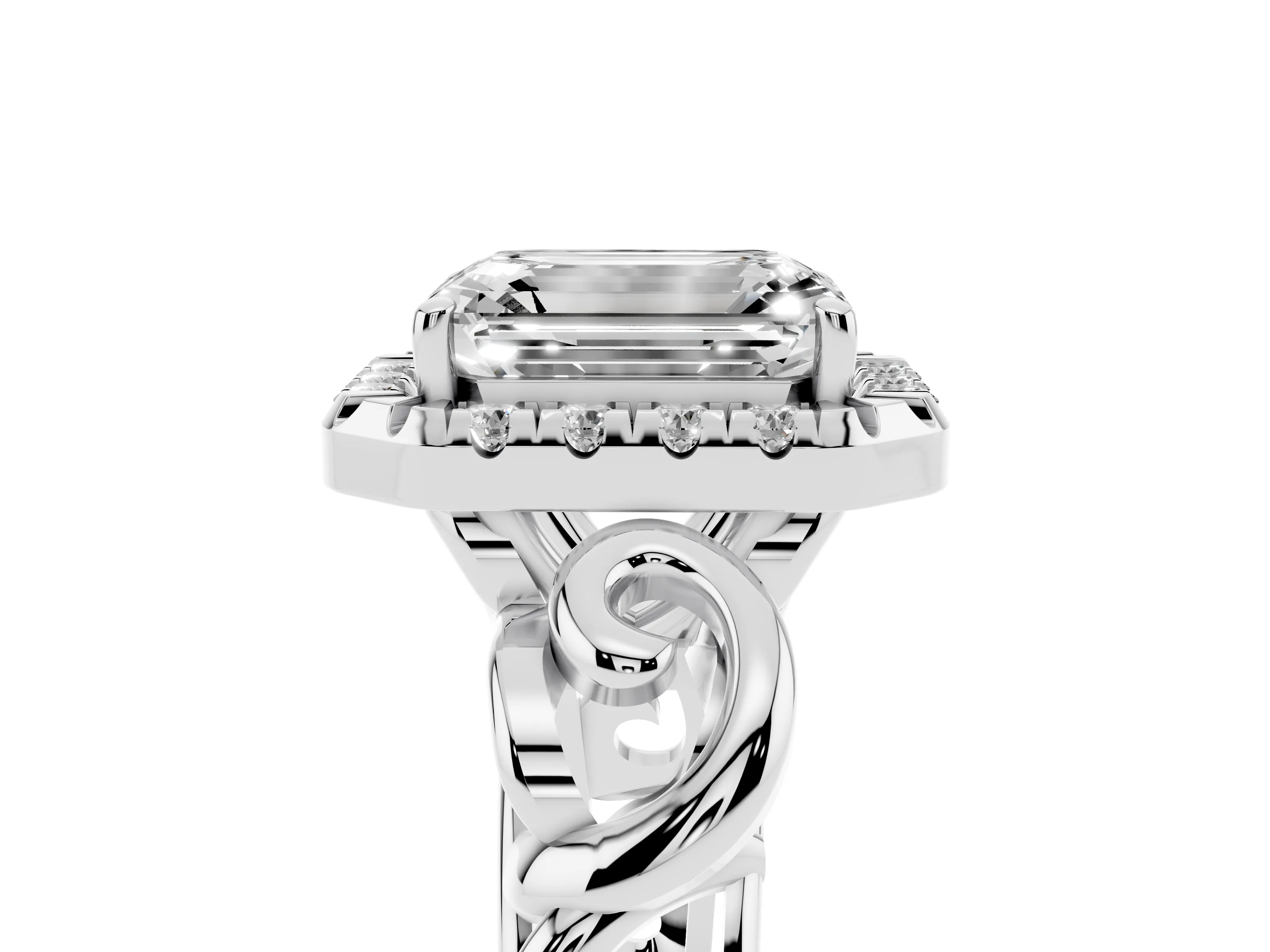 Emerald Cut Diamond Halo Ring Set in Platinum with Scrollwork Band and Prong Setting