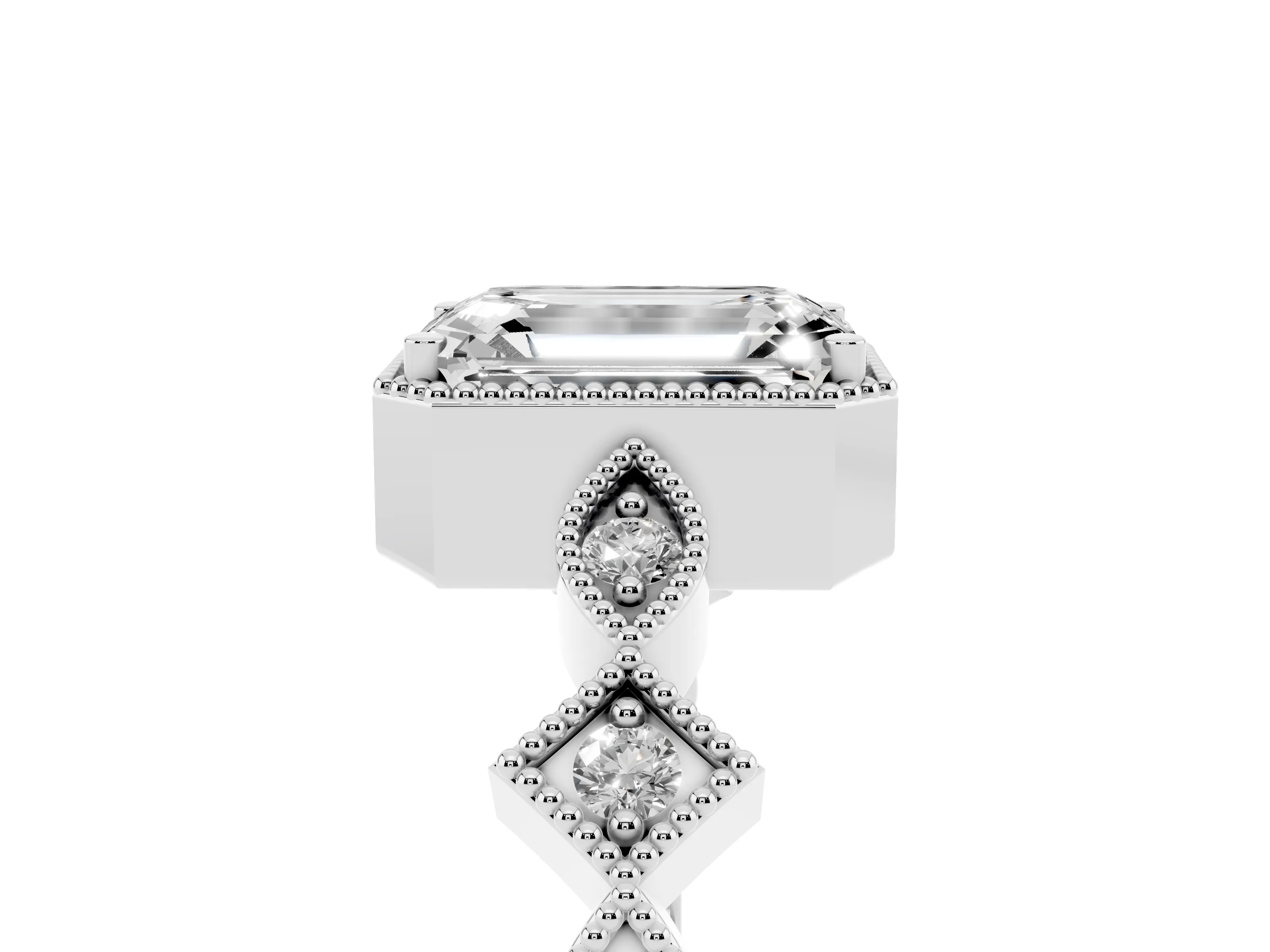 Emerald Cut Diamond Milgrain Marquise Twist Band Ring Set in White gold with Prong Setting