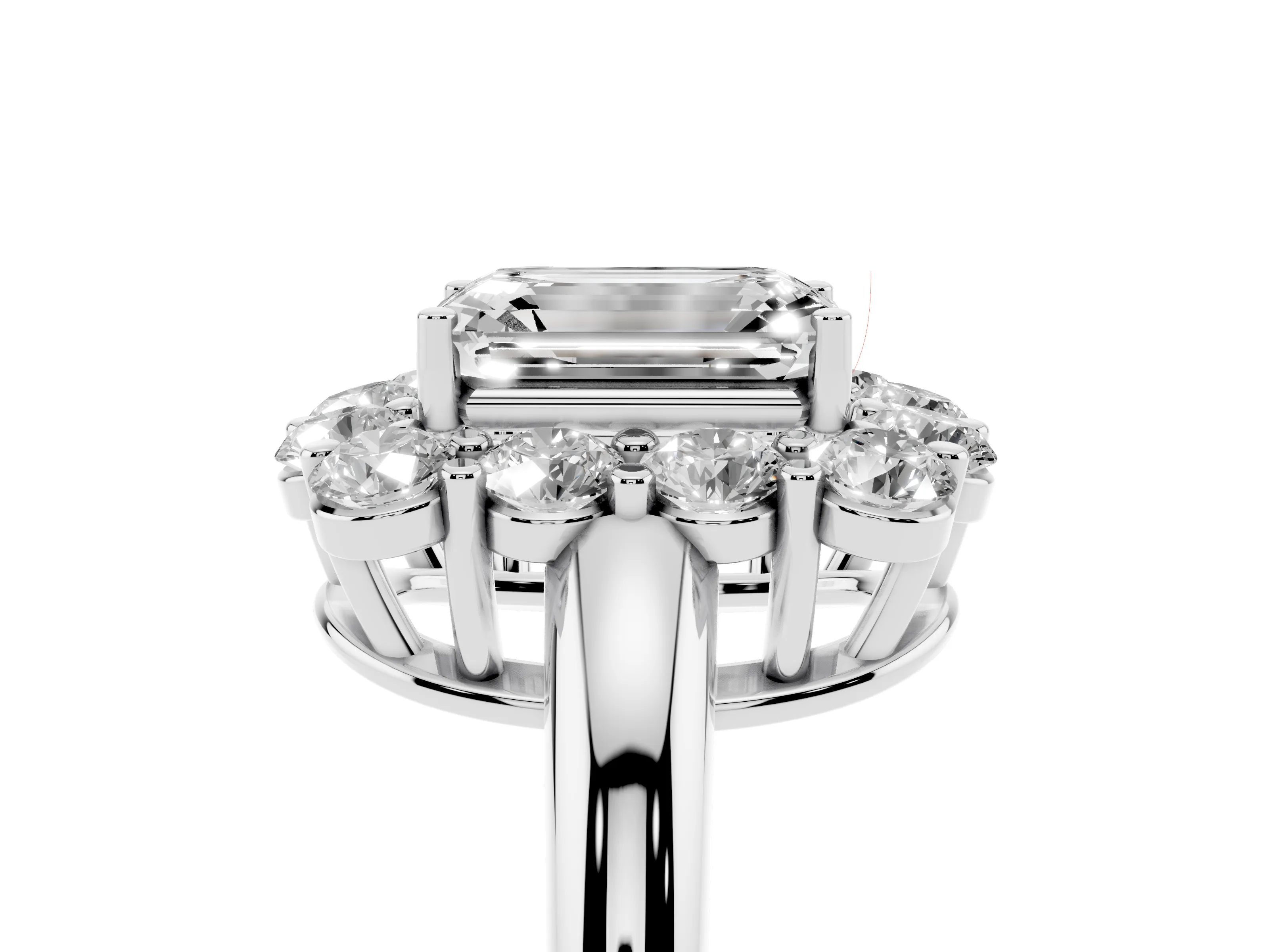 Emerald Cut Diamond Halo Cluster Engagement Ring Set in White gold with Polished Band and Prong Setting