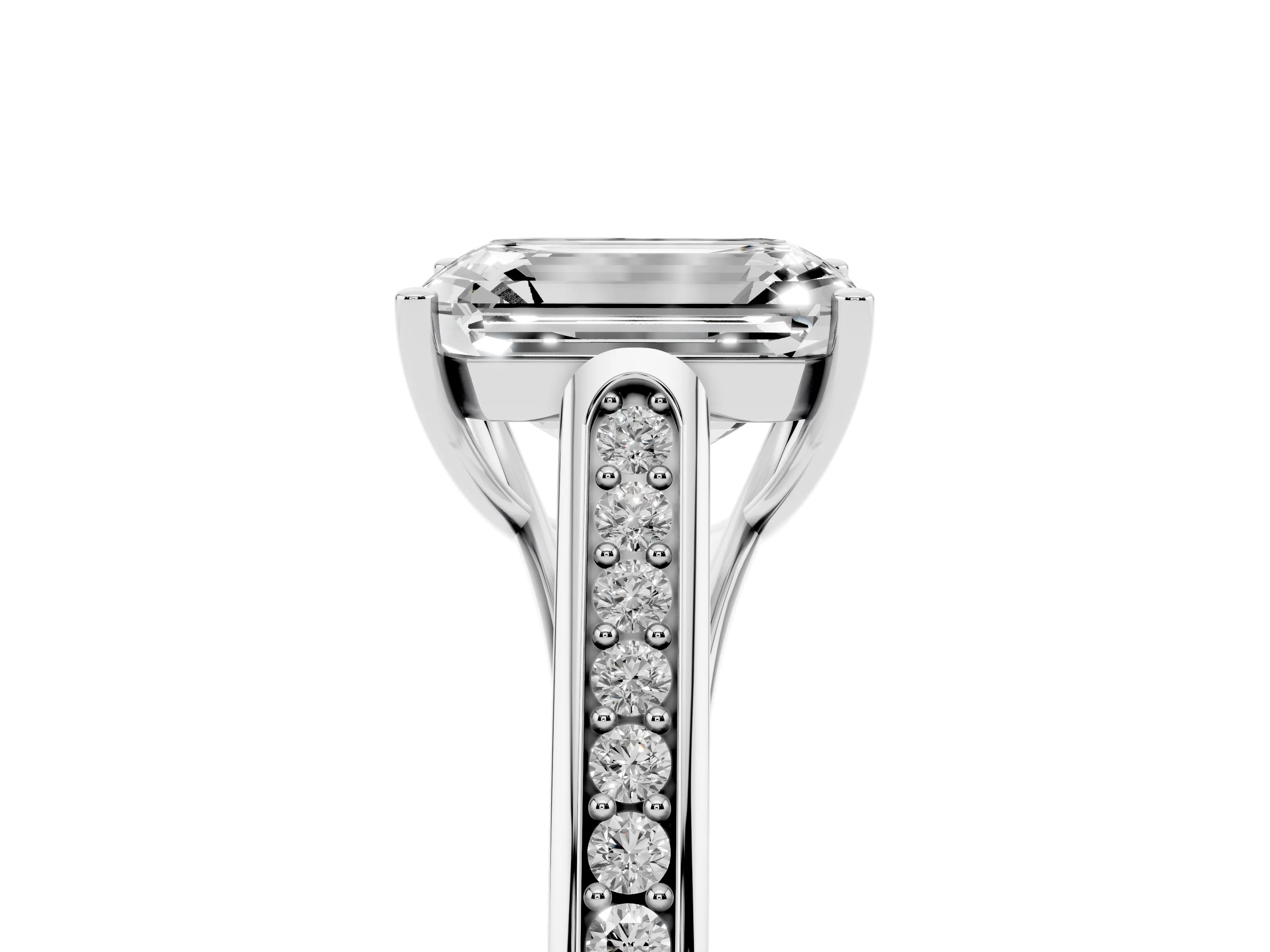 Emerald Cut Diamond Solitaire Cathedral Engagement Ring Set in White gold with Channel-Set Band and Prong Setting