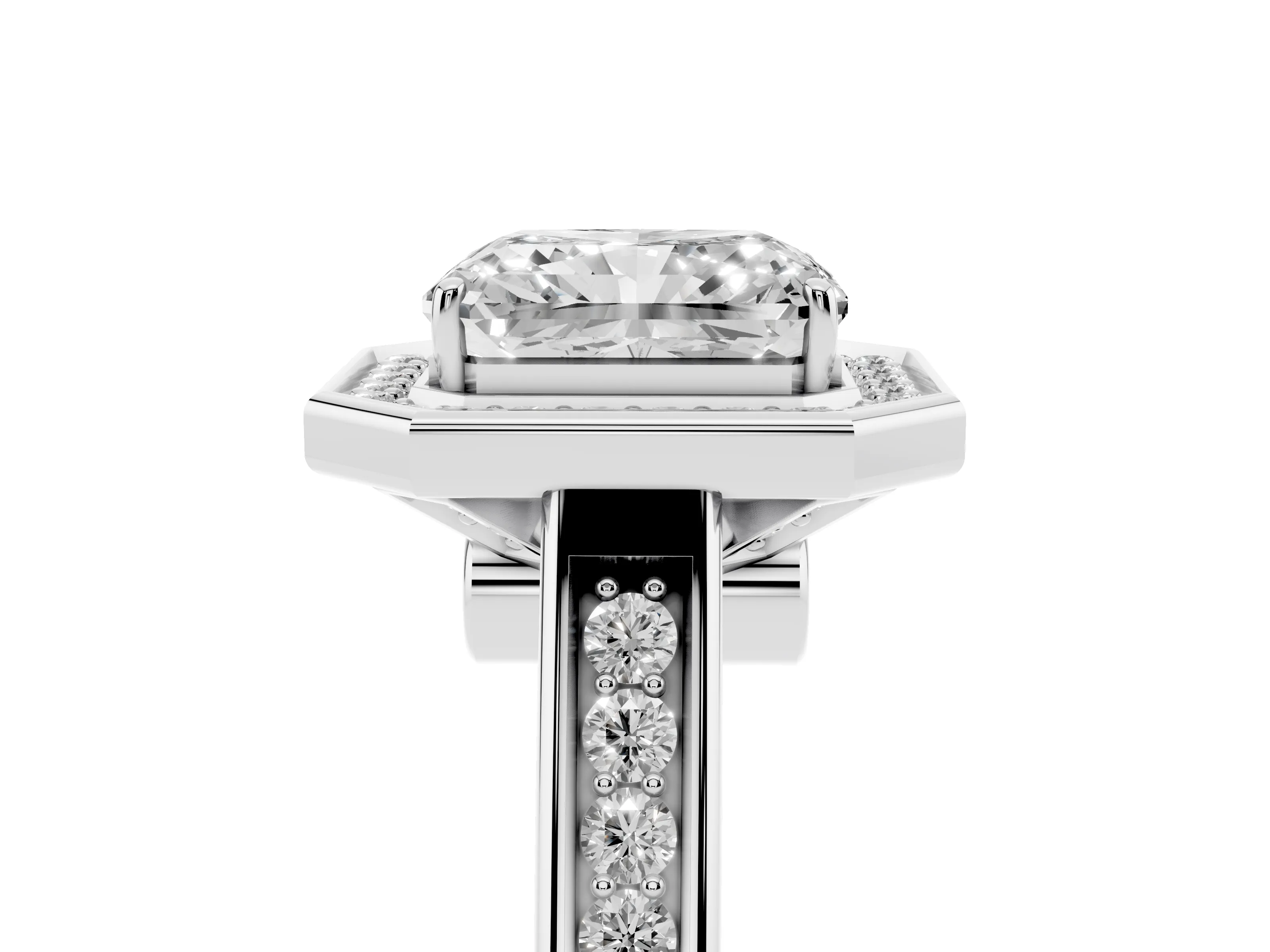 Emerald Cut Diamond Halo Solitaire Ring Set in Platinum with Pavé Band and Bezel Setting