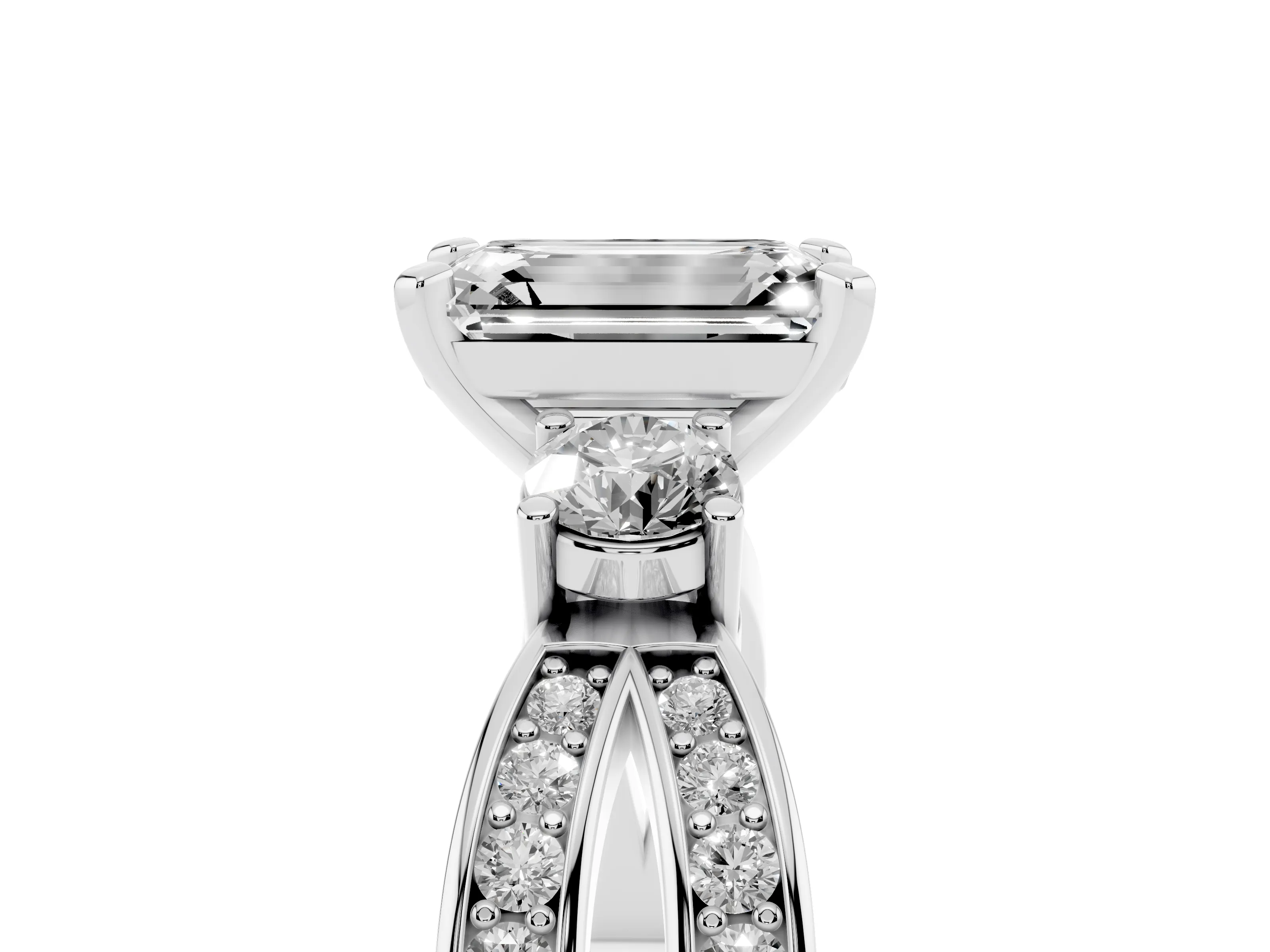 Three-Stone Emerald Cut Diamond Twist Band Ring Set in Platinum with Pavé Accents and Prong Setting