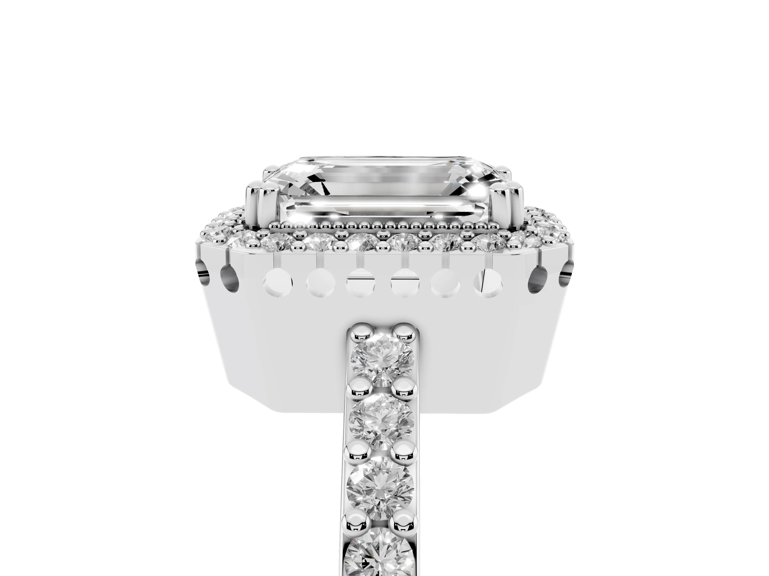 Emerald Cut Diamond Halo Engagement Ring Set in Platinum with Milgrain Detail and Pavé Band