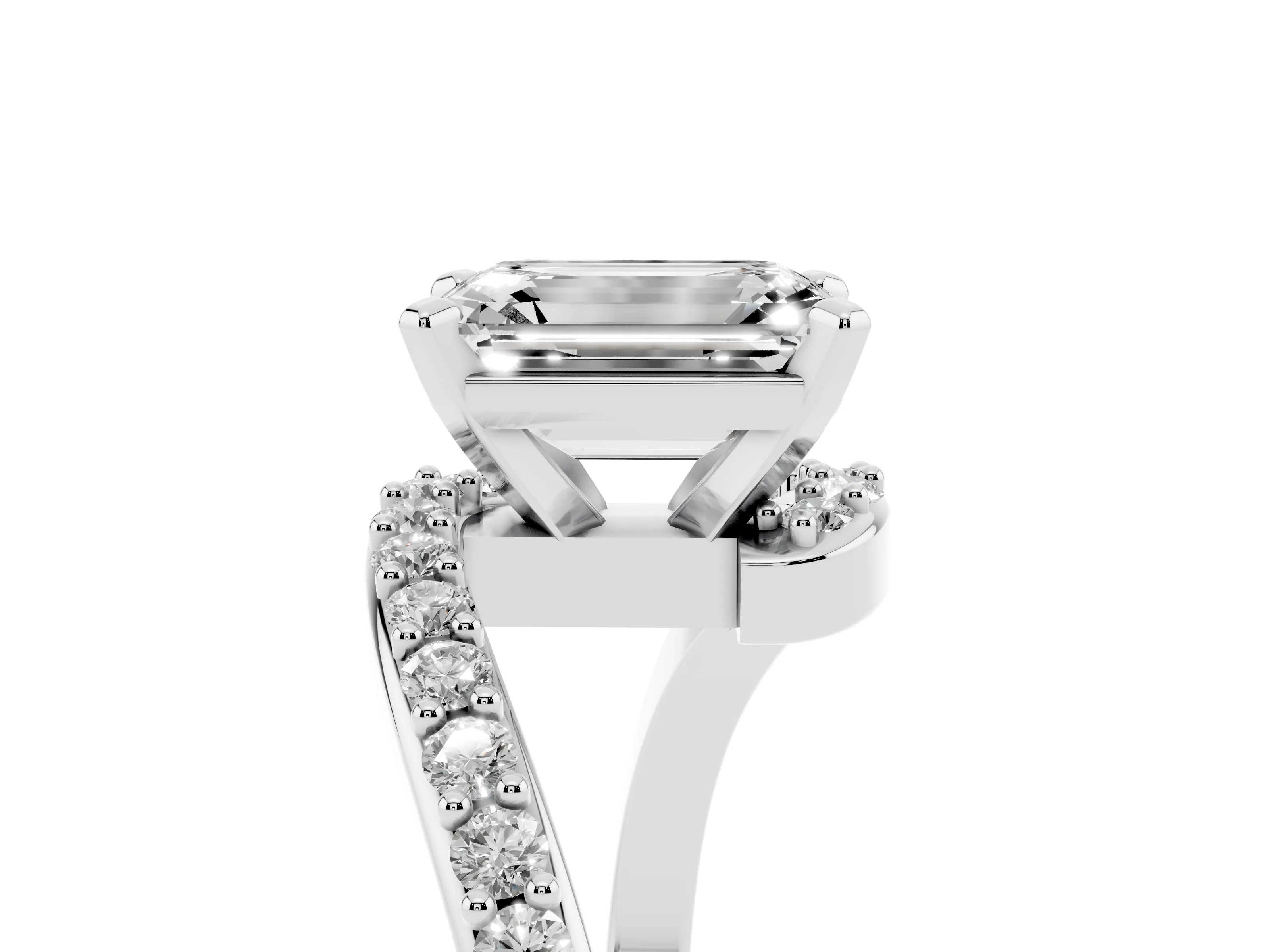 Emerald Cut Diamond Solitaire Ring Set in Platinum with Pavé Twist Band and Prong Setting