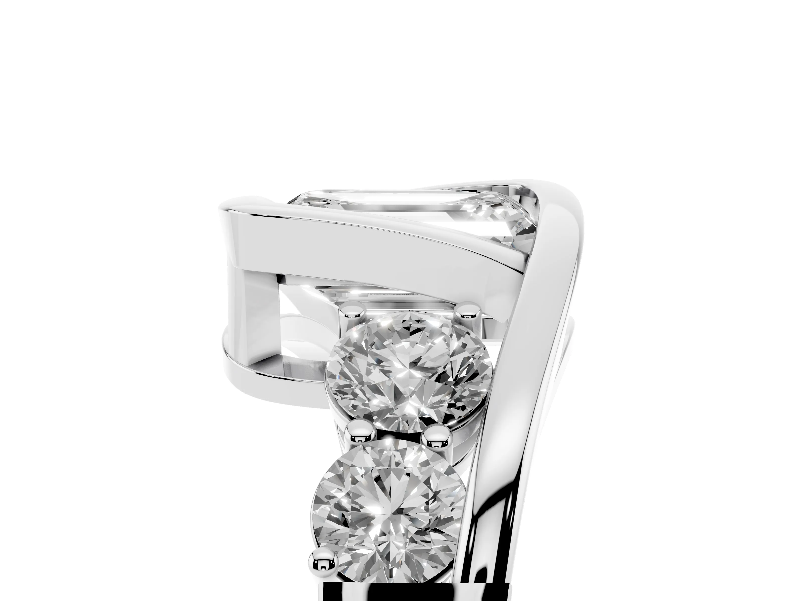 Emerald Cut Diamond Bezel Bypass Ring Set in Silver with Round Accents