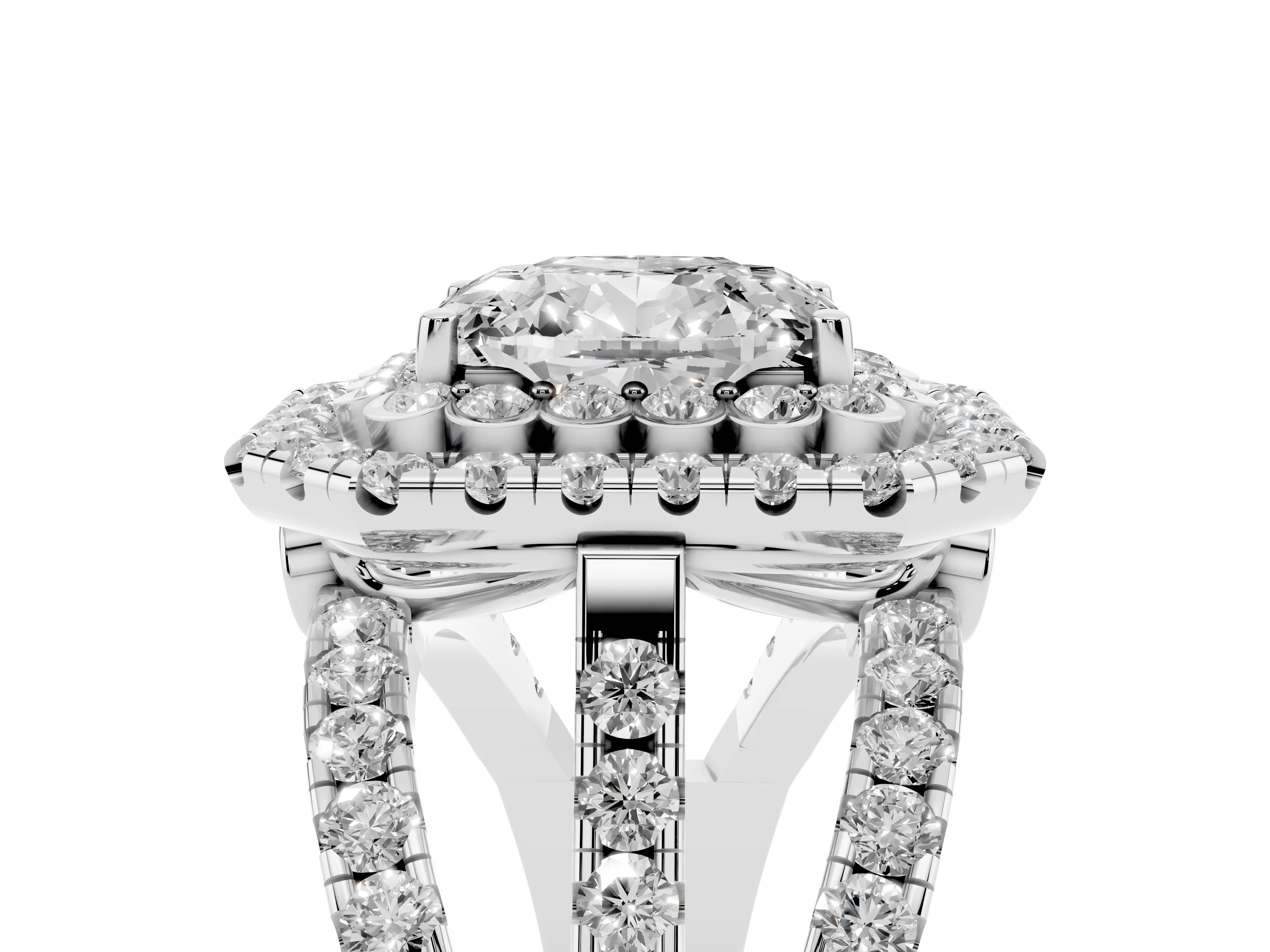 Emerald Cut Diamond Double Halo Ring Set in Silver with Round Pavé Split Shank