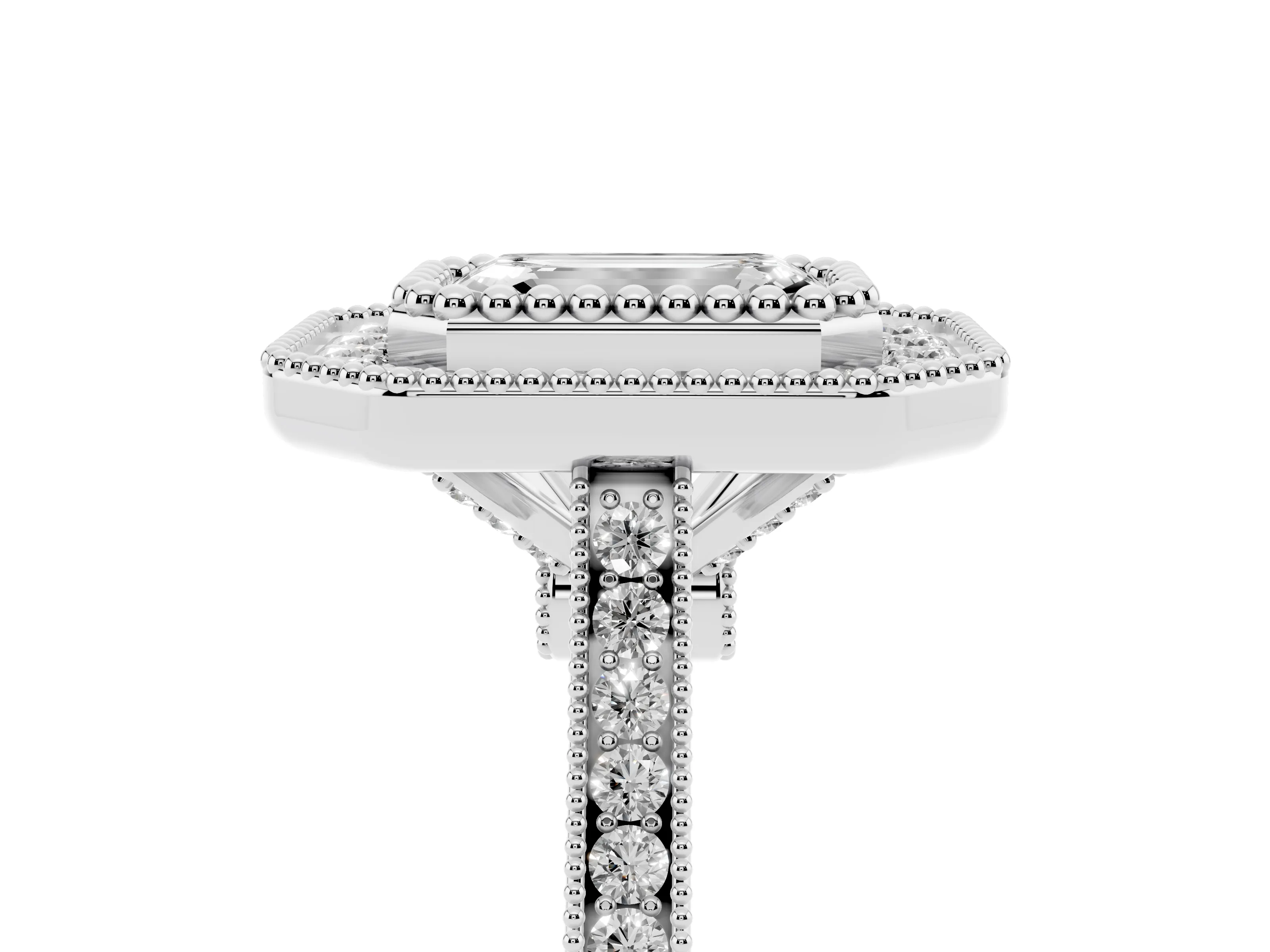Emerald Cut Diamond Halo Ring Set in White gold with Milgrain Frame and Pavé Band