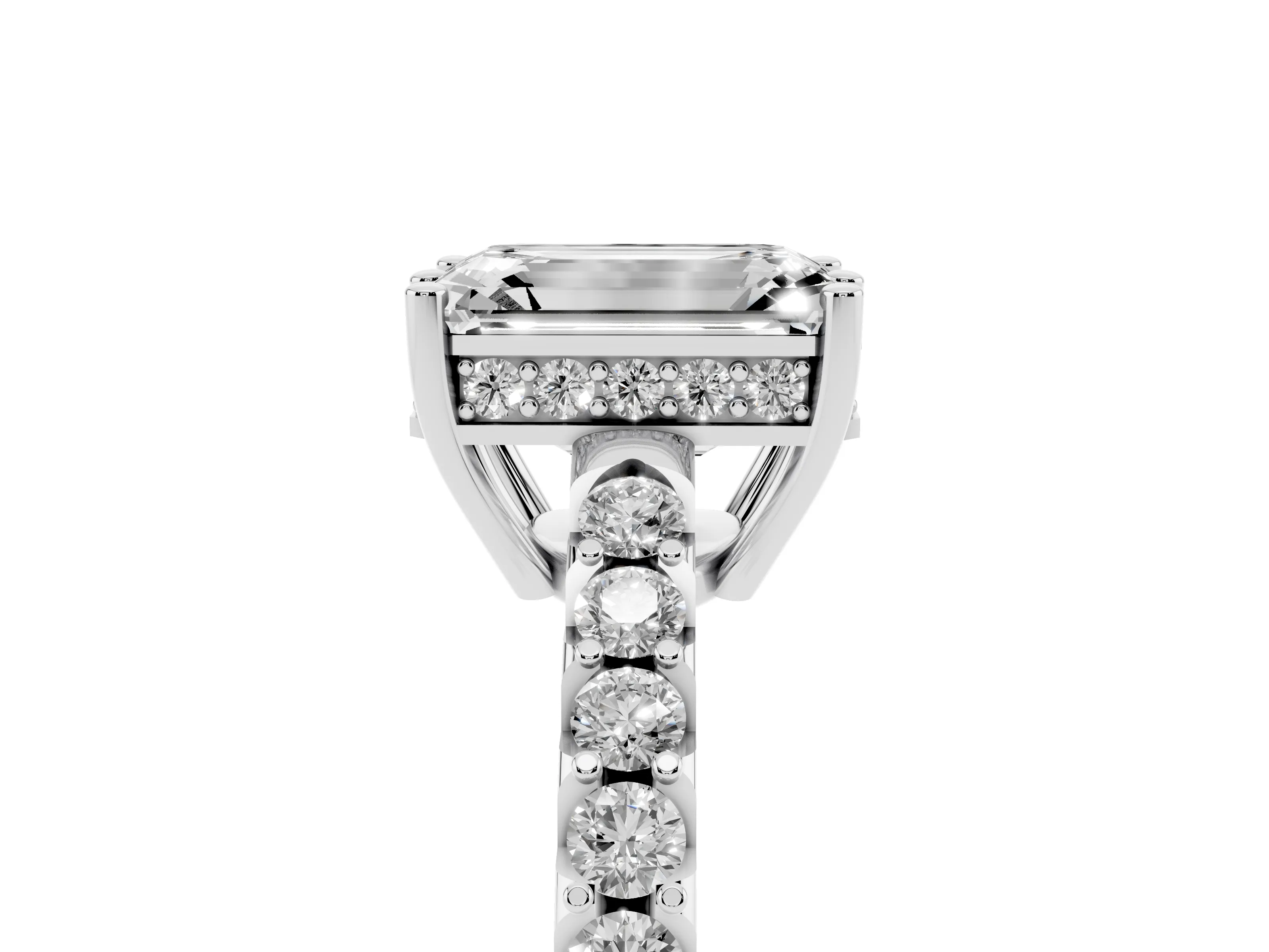 Emerald Cut Diamond Solitaire Engagement Ring Set in Platinum with Pavé Band and Prong Setting