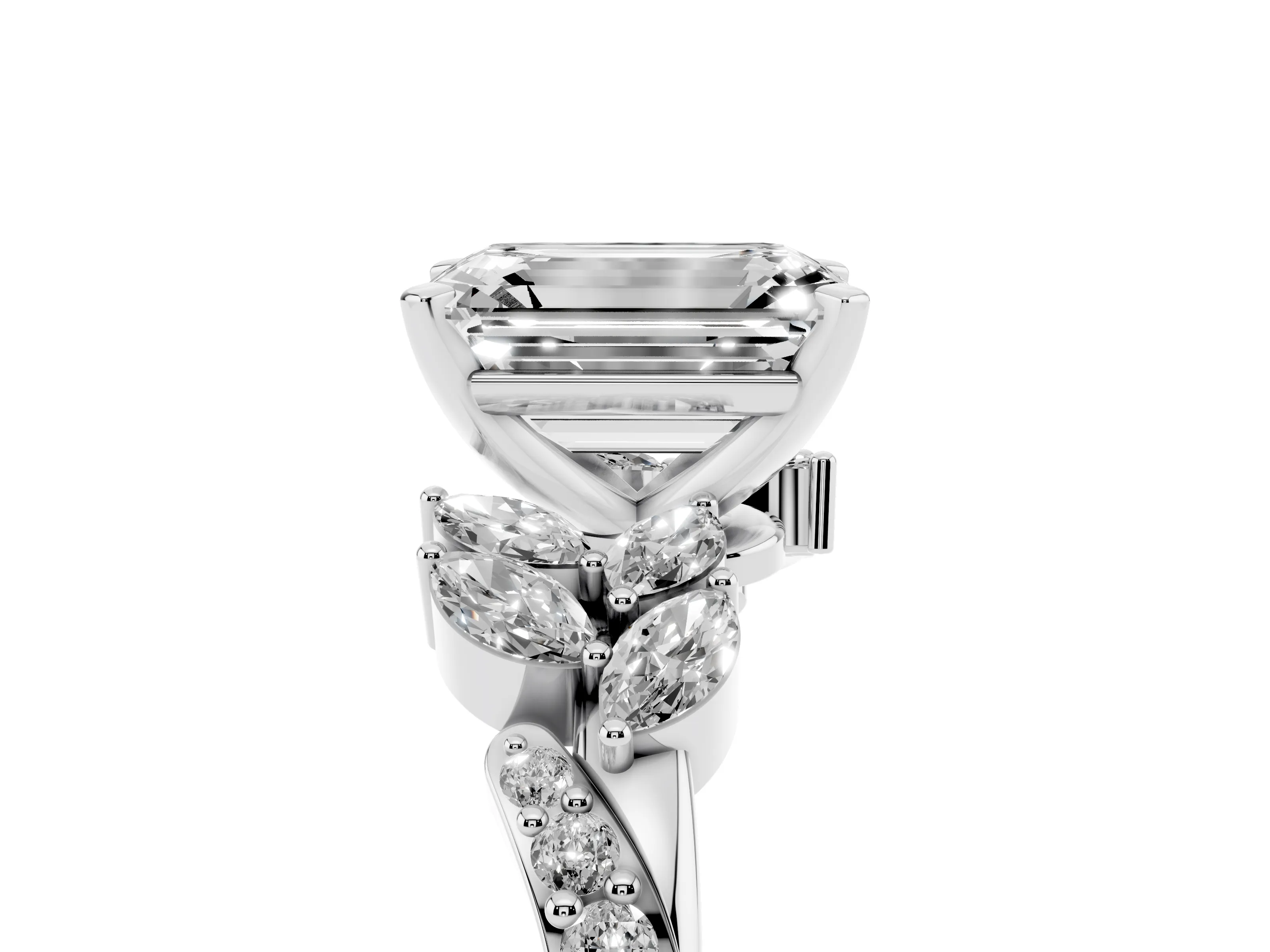 Emerald Cut Diamond Solitaire Ring Set in Silver with Marquise Twist Band and Prong Setting