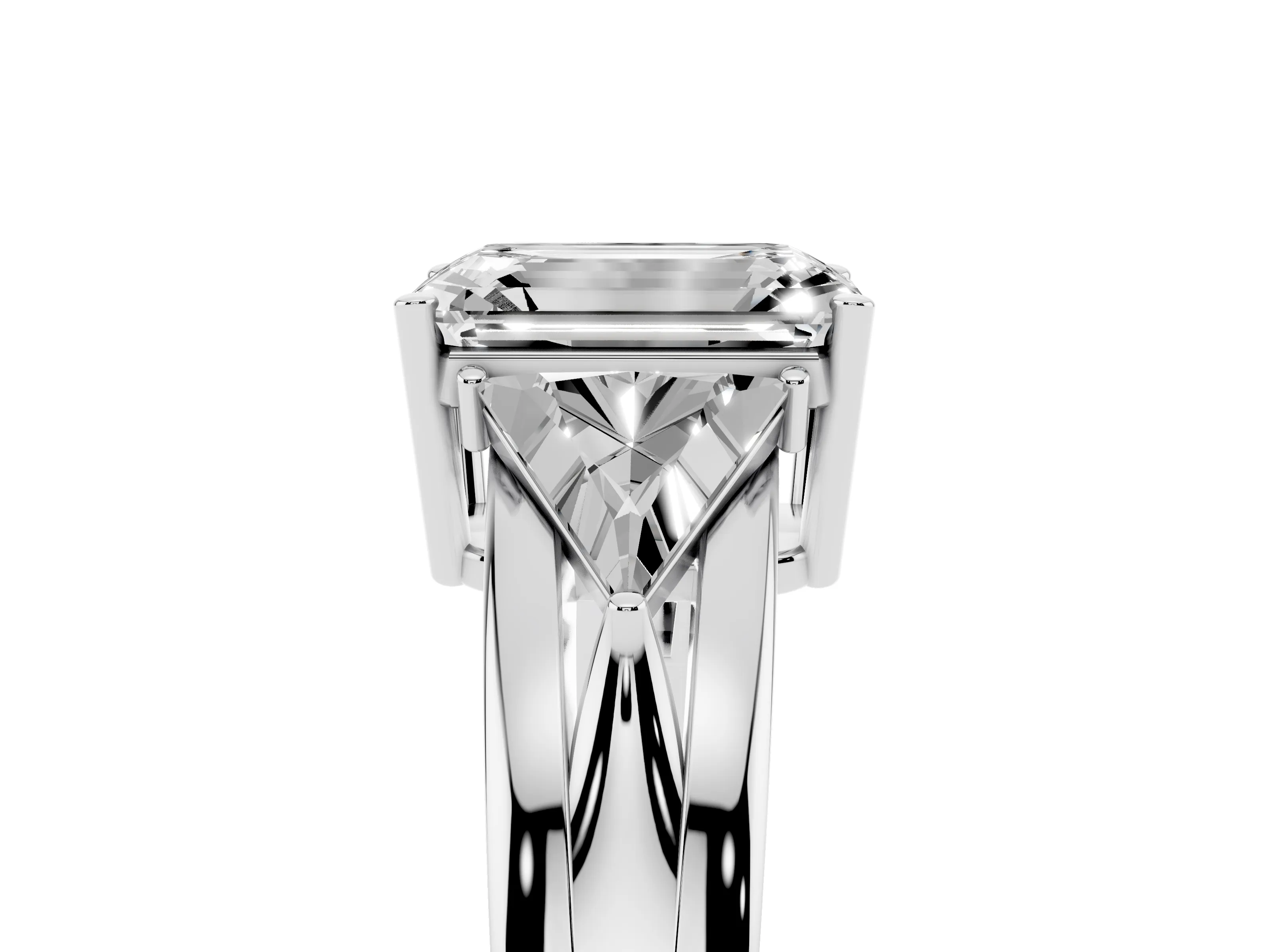 Emerald Cut Diamond Three-Stone Ring Set in Platinum with Trillion Side Stones and Split Shank