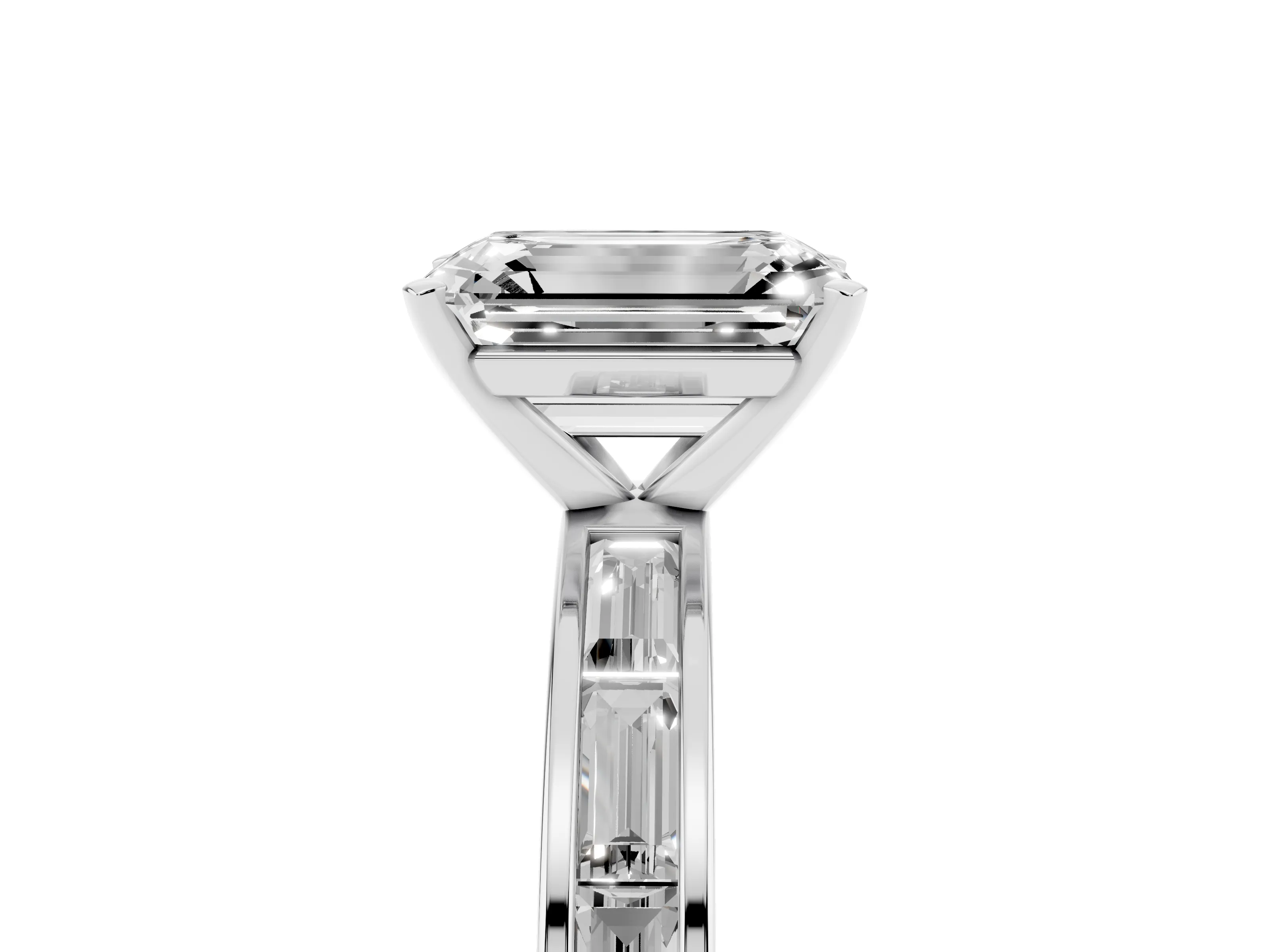 Emerald Cut Diamond Solitaire Ring Set in White gold with Channel-Set Baguette Band and Prong Setting