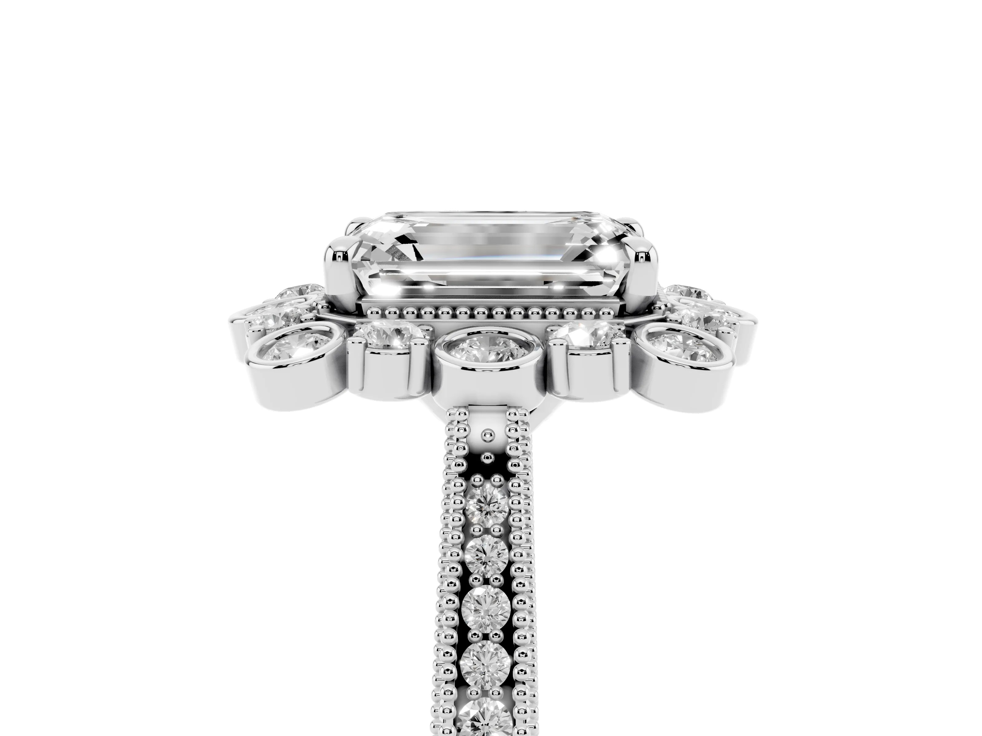 Emerald Cut Diamond Halo Milgrain Pavé Ring Set in White gold with Prong Setting