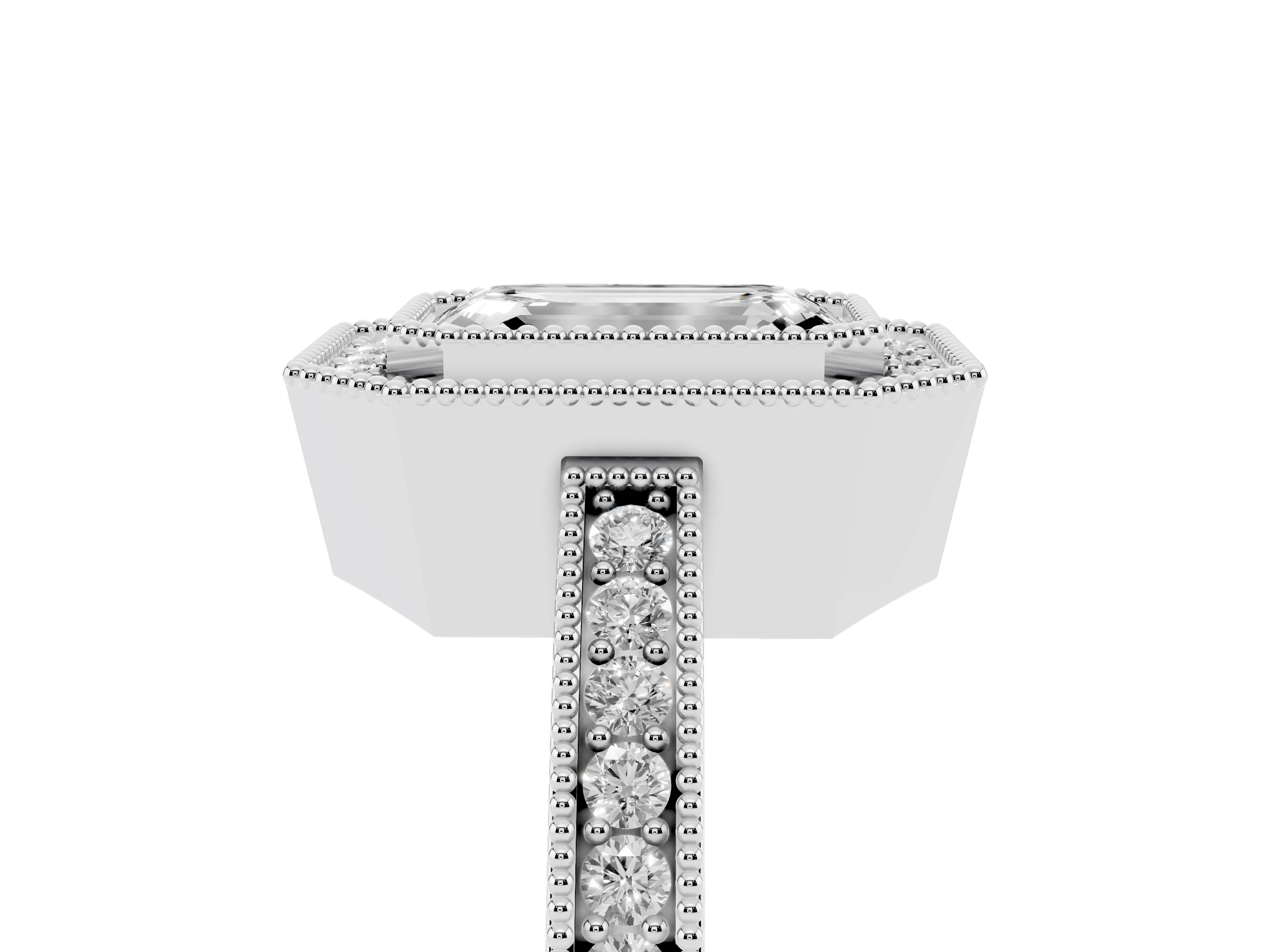 Emerald Cut Diamond Round Halo Ring Set in Platinum with Pavé Band