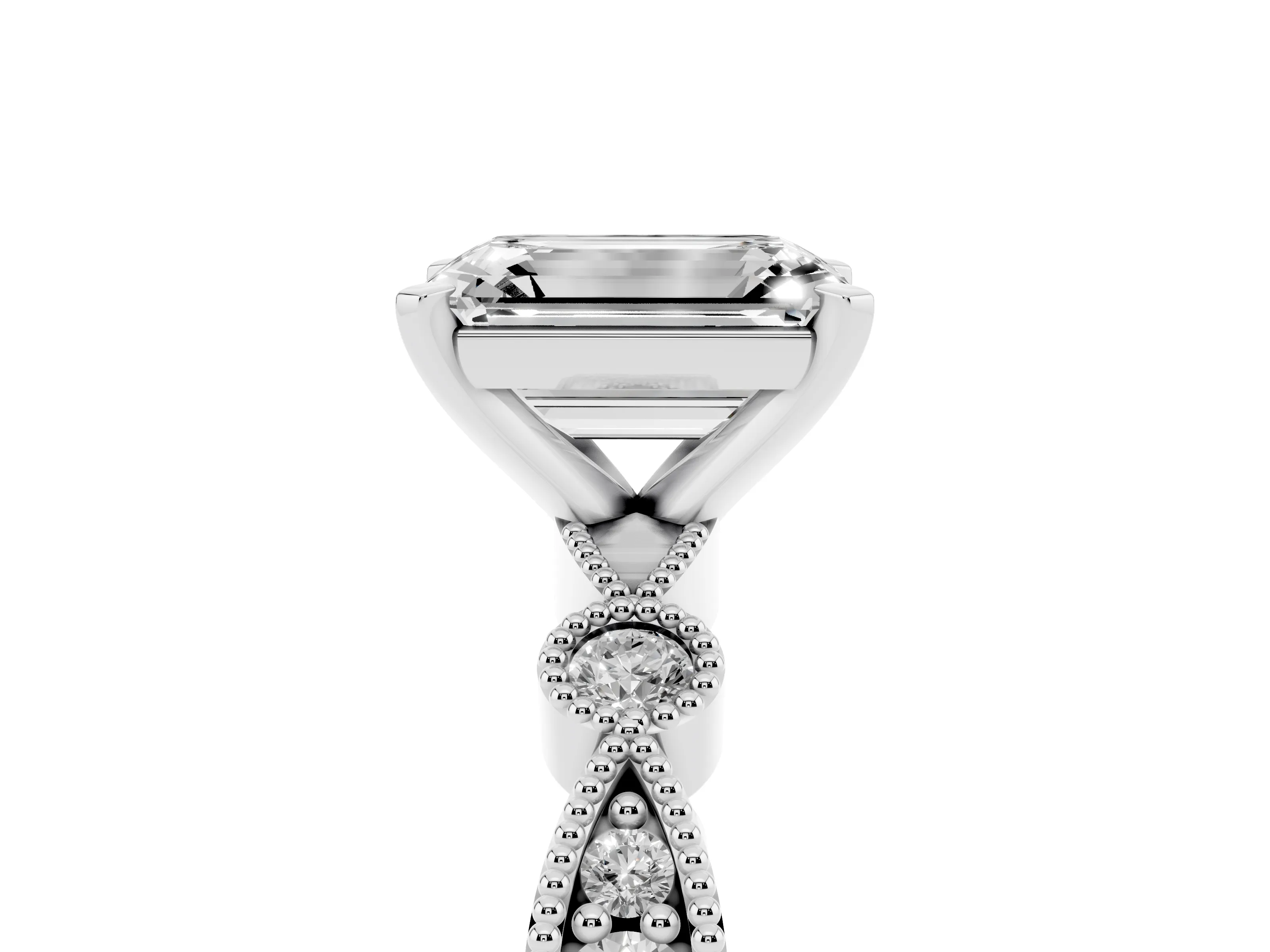 Emerald Cut Diamond Solitaire Engagement Ring Set in White gold with Milgrain Bezel Accent Band