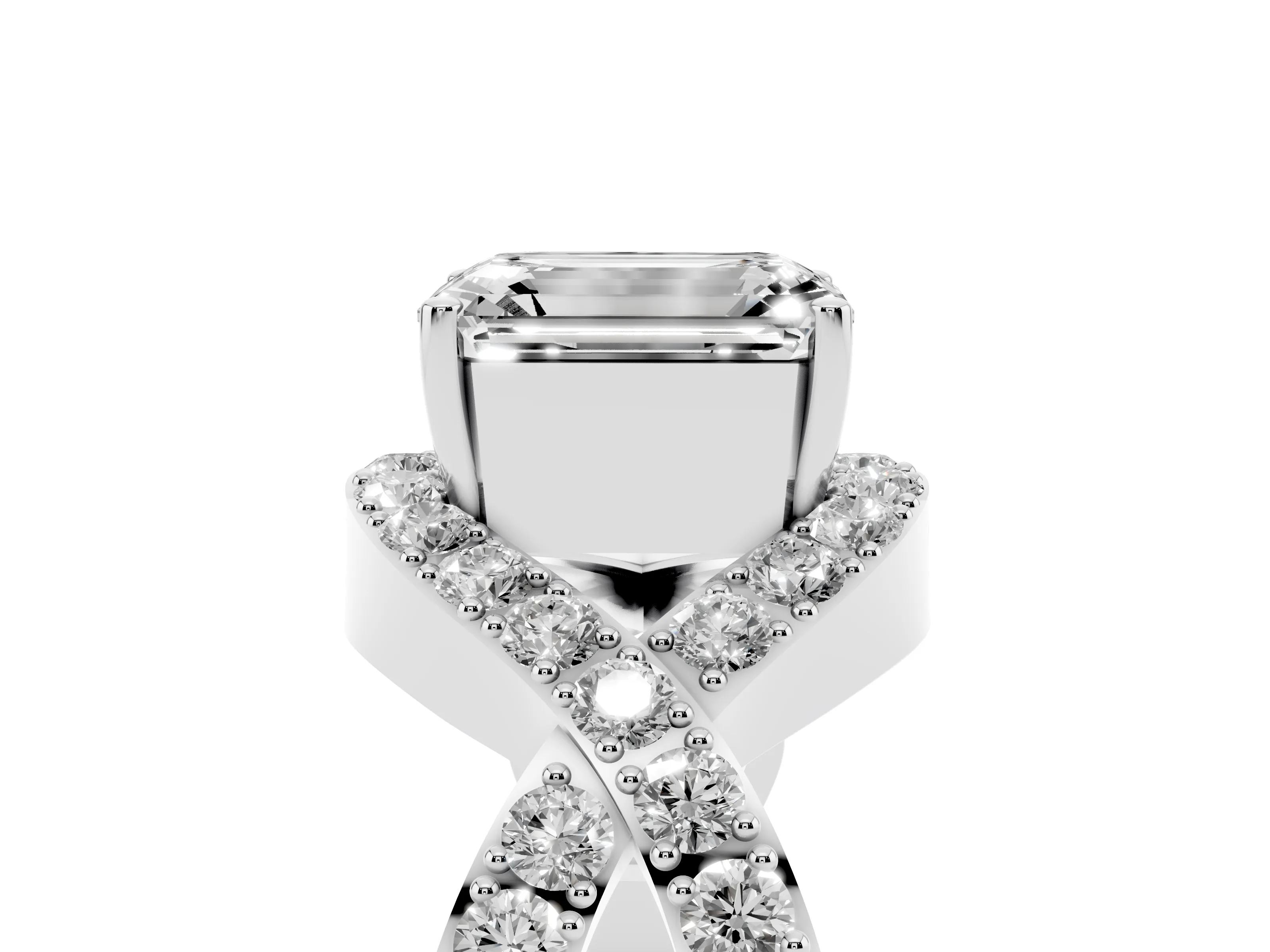 Emerald Cut Diamond Solitaire Twist Band Pavé Engagement Ring Set in Platinum