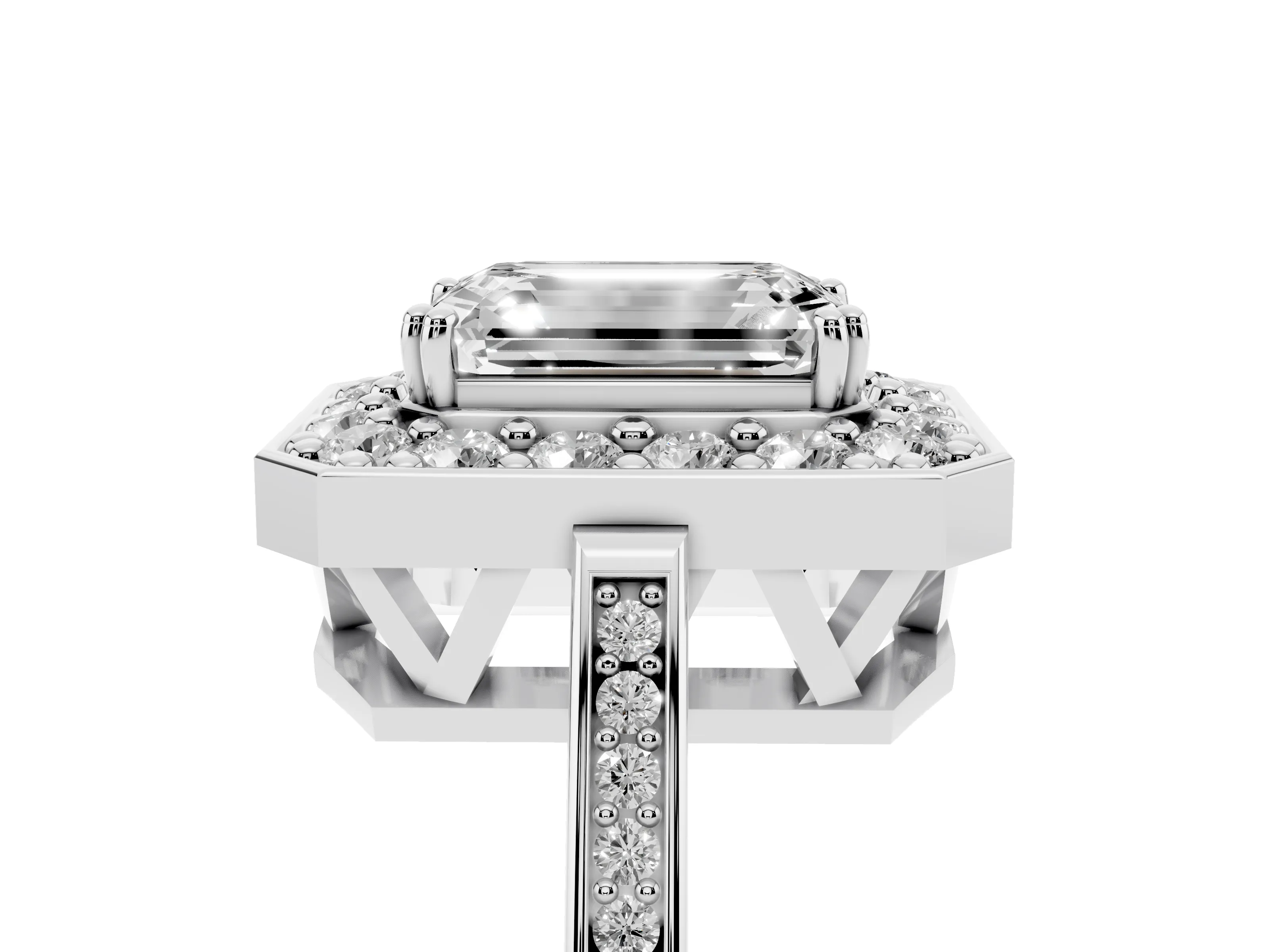 Emerald Cut Diamond Halo Ring Set in Platinum with Accent-Lined Split Shank and Prong Setting