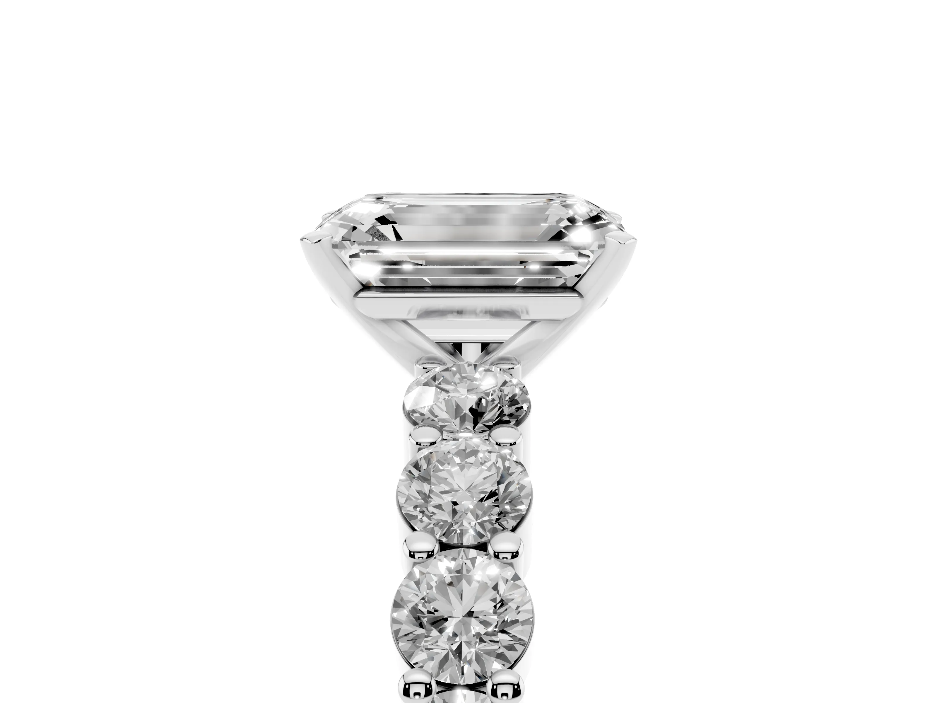Emerald Cut Diamond Solitaire Ring Set in Silver with Shared Prong Round Side Stones